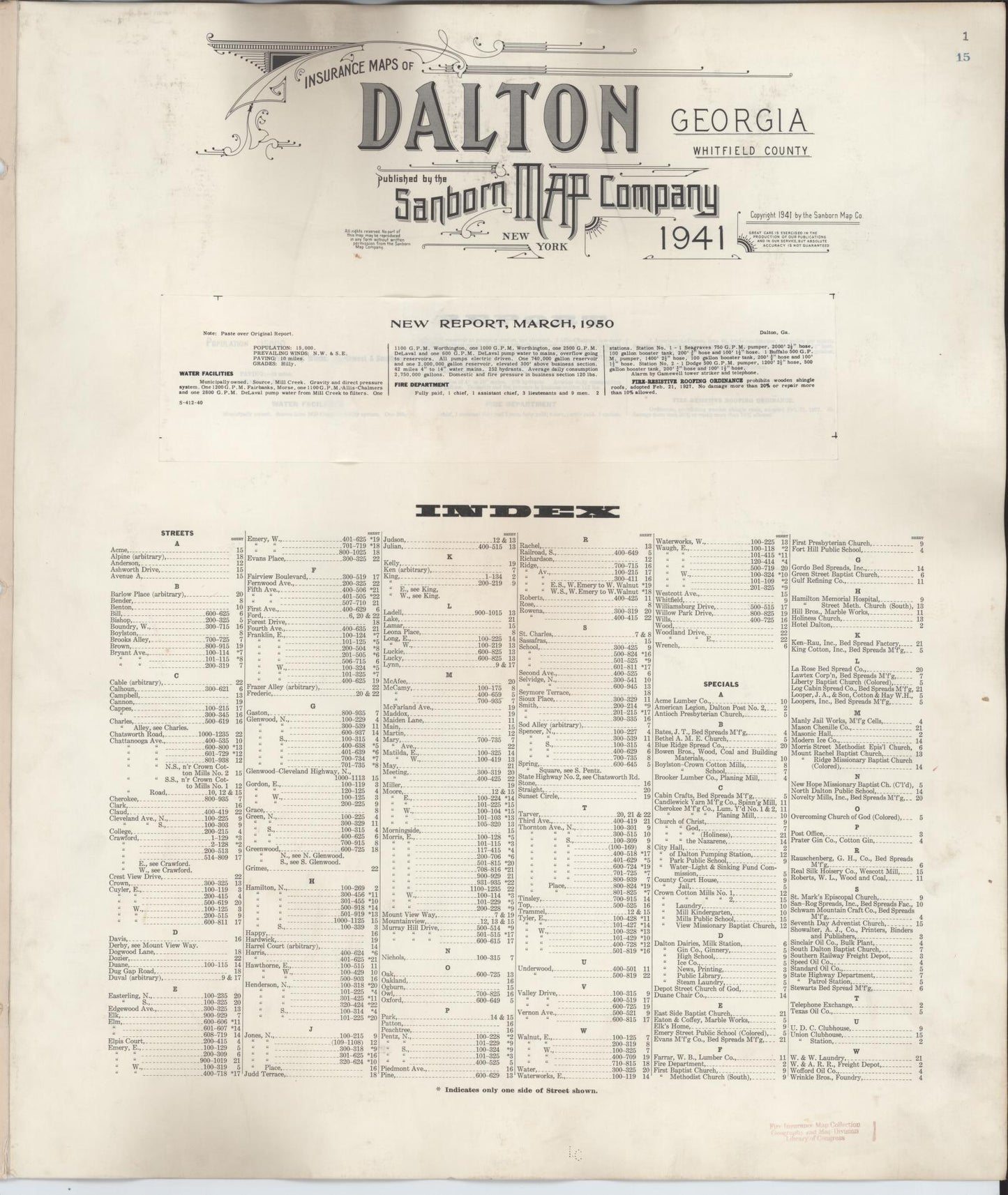 Sanborn Fire Insurance Map from Dalton, Whitfield County, Georgia (1950), Sheet #0001 - Historic Sanborn Fire Insurance Map Print, vintage old map wall art, antique decor, genealogy gift, Georgia Georgia map