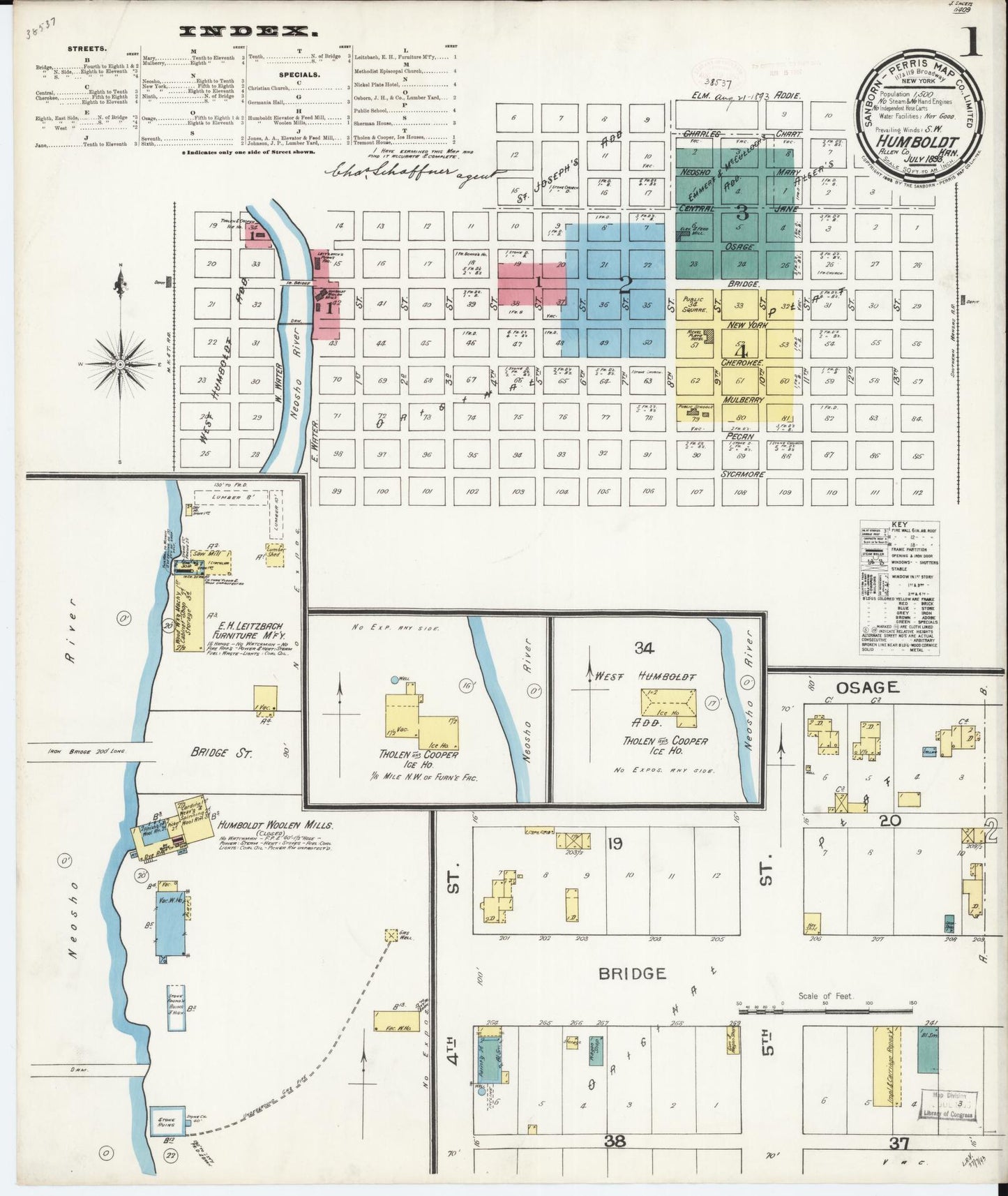 Sanborn Fire Insurance Map from Humboldt, Allen County, Kansas (1893), Sheet #0001 - Historic Sanborn Fire Insurance Map Print, vintage old map wall art, antique decor, genealogy gift, Kansas Kansas map