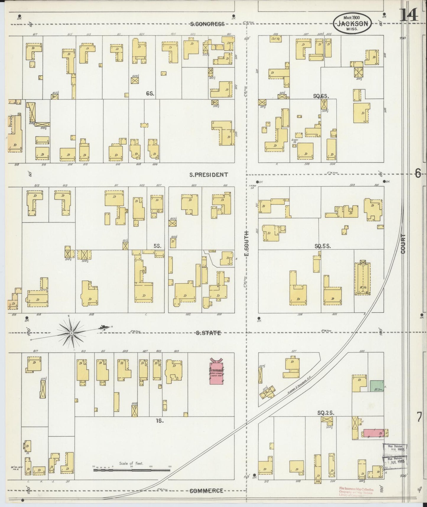 Sanborn Fire Insurance Map from Jackson, Hinds County, Mississippi (1900), Sheet #0014 - Historic Sanborn Fire Insurance Map Print, vintage old map wall art, antique decor, genealogy gift, Mississippi Mississippi map