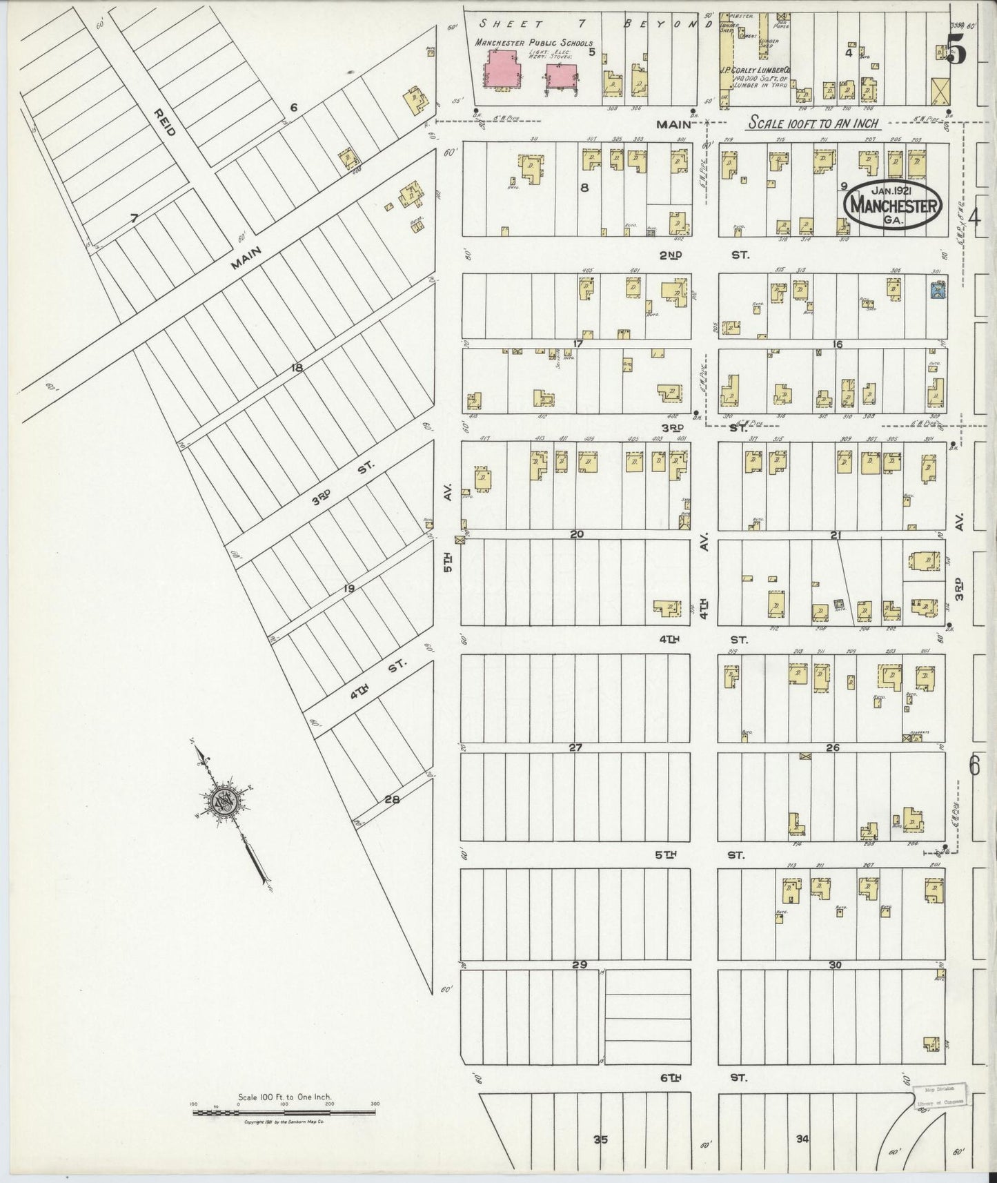 Sanborn Fire Insurance Map from Manchester, Meriweather County, Georgia (1921), Sheet #0005 - Historic Sanborn Fire Insurance Map Print, vintage old map wall art, antique decor, genealogy gift, Georgia Georgia map