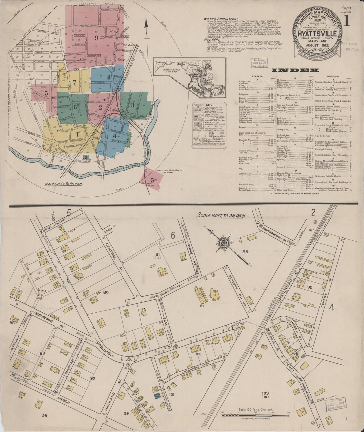 Sanborn Fire Insurance Map from Hyattsville, Prince Georges County, Maryland (1922), Sheet #0001 - Historic Sanborn Fire Insurance Map Print, vintage old map wall art, antique decor, genealogy gift, Maryland Maryland map