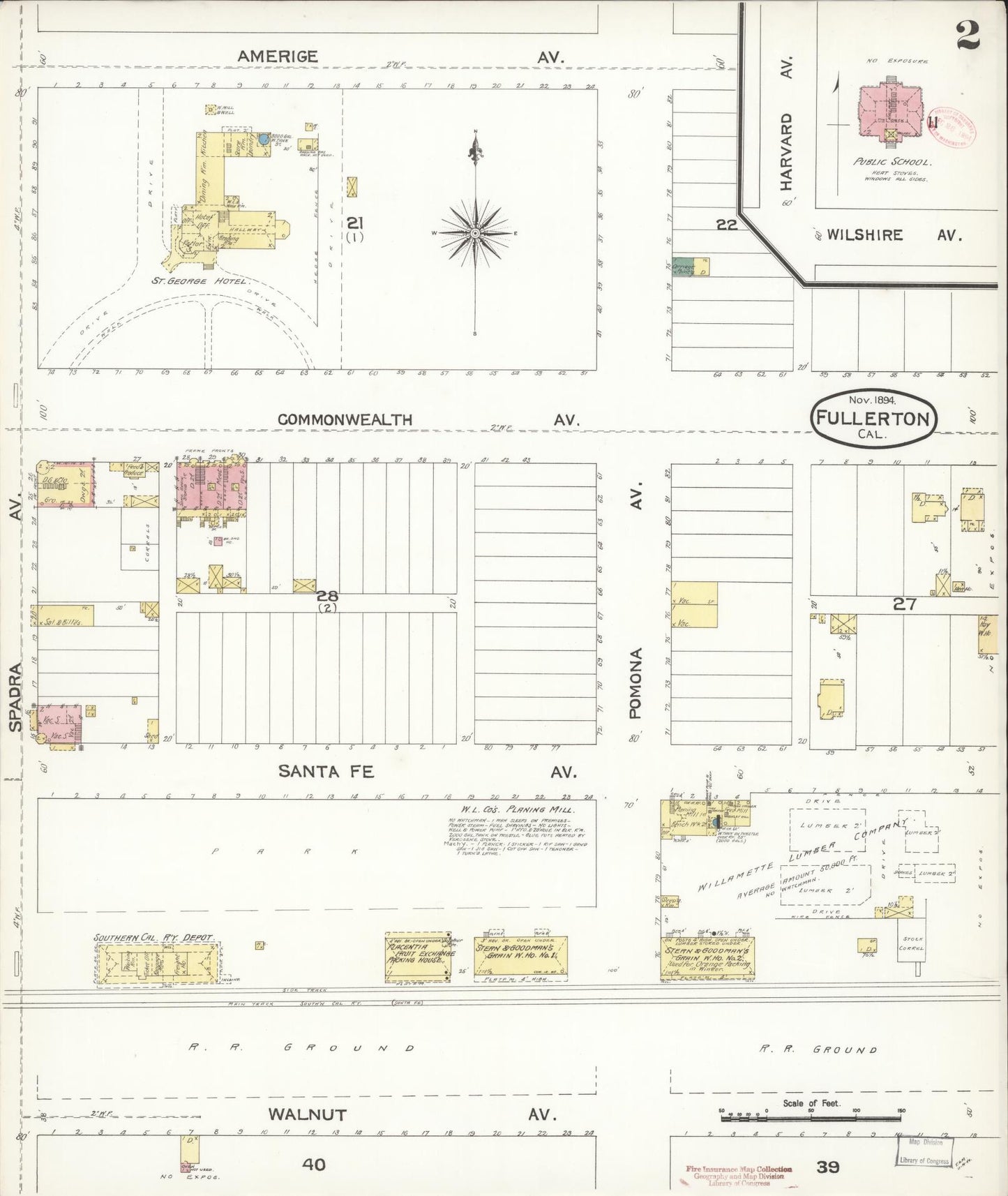 Sanborn Fire Insurance Map from Fullerton, Orange County, California (1894), Sheet #0002 - Historic Sanborn Fire Insurance Map Print, vintage old map wall art, antique decor, genealogy gift, California California map