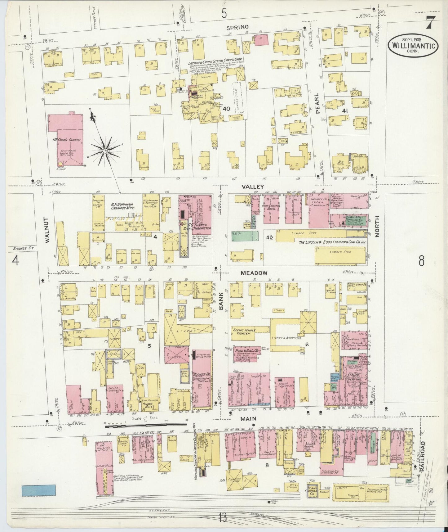 Sanborn Fire Insurance Map from Willimantic, Windham County, Connecticut (1908), Sheet #0007 - Historic Sanborn Fire Insurance Map Print, vintage old map wall art, antique decor, genealogy gift, Connecticut Connecticut map