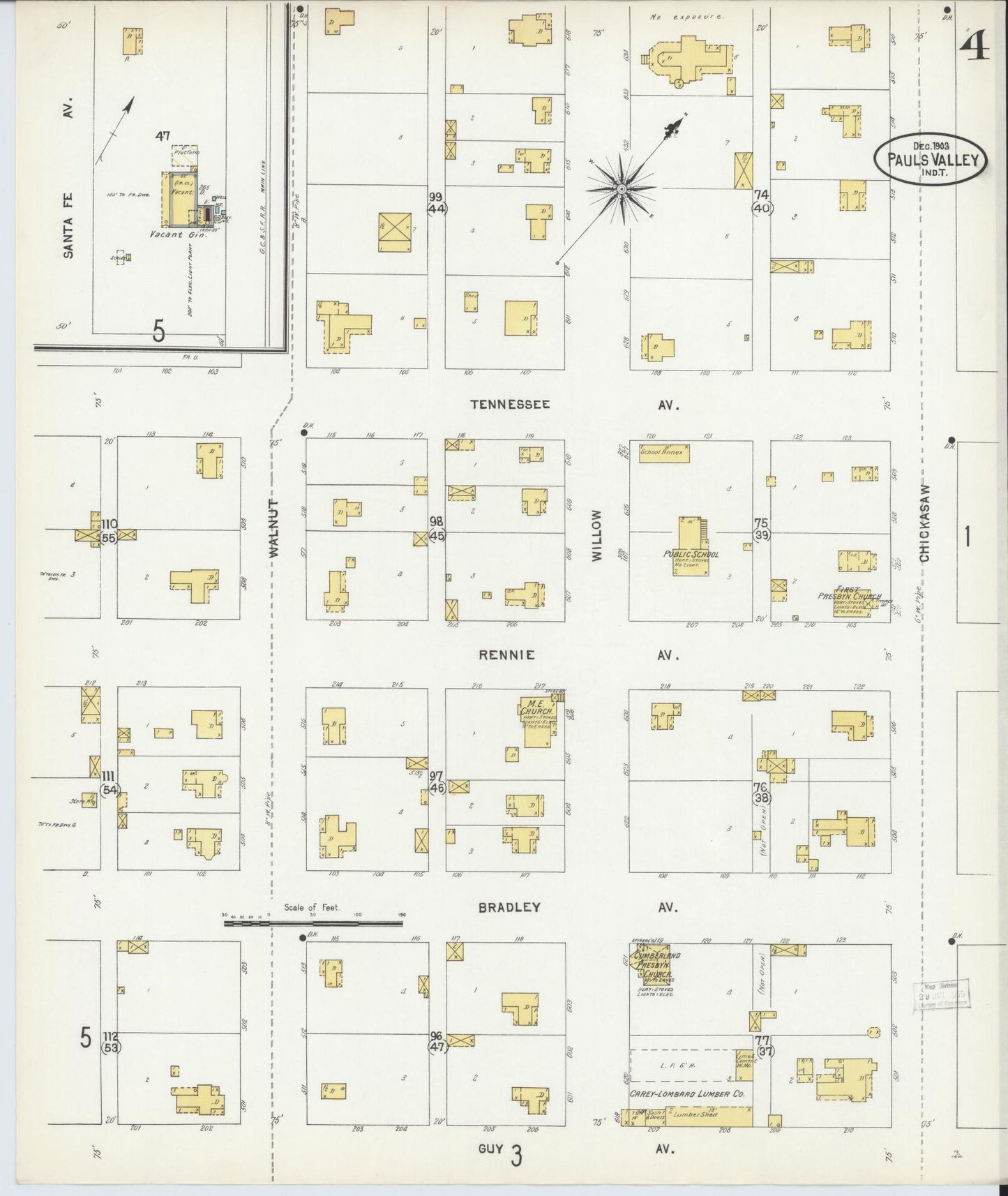 Sanborn Fire Insurance Map from Pauls Valley, Garvin County, Oklahoma (1903), Sheet #0004 - Historic Sanborn Fire Insurance Map Print, vintage old map wall art, antique decor, genealogy gift, Oklahoma Oklahoma map