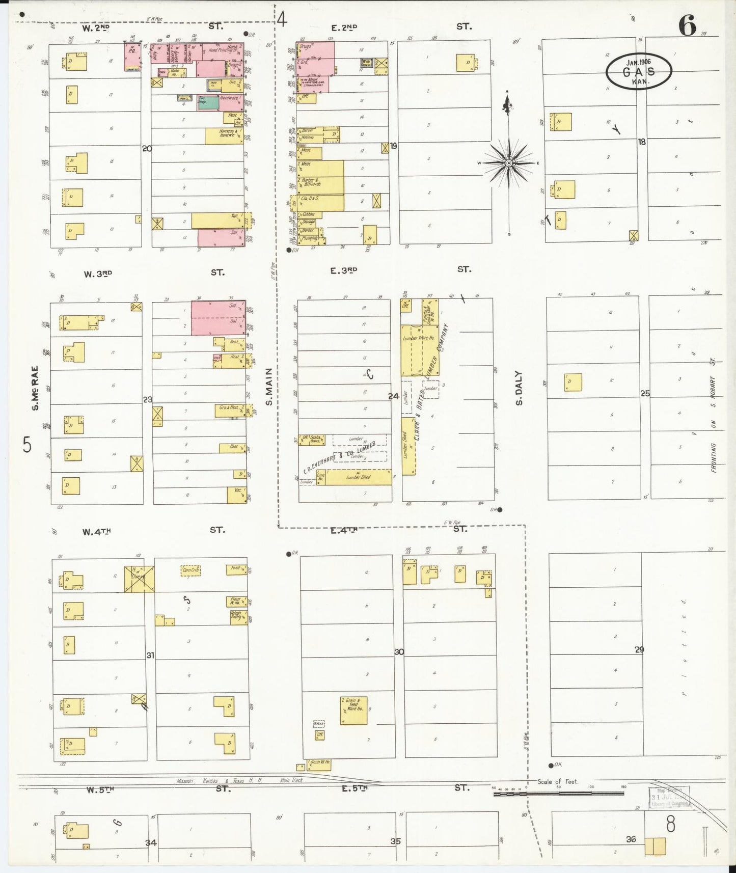 Sanborn Fire Insurance Map from Gas, Allen County, Kansas (1906), Sheet #0006 - Historic Sanborn Fire Insurance Map Print, vintage old map wall art, antique decor, genealogy gift, Kansas Kansas map