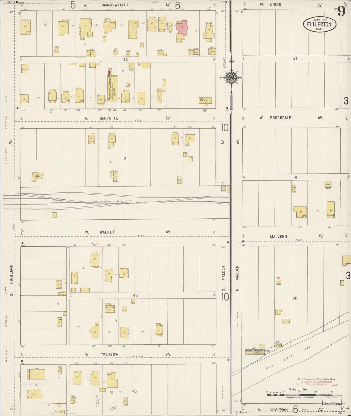 Sanborn Fire Insurance Map from Fullerton, Orange County, California (1917), Sheet #0009 - Historic Sanborn Fire Insurance Map Print, vintage old map wall art, antique decor, genealogy gift, California California map