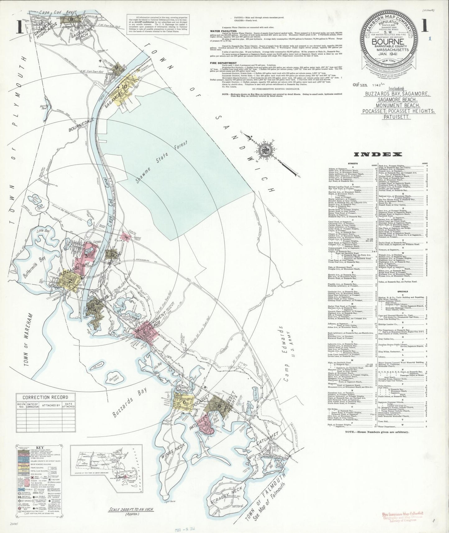 Sanborn Fire Insurance Map from Bourne, Barnstable County, Massachusetts (1941), Sheet #0001 - Historic Sanborn Fire Insurance Map Print, vintage old map wall art, antique decor, genealogy gift, Massachusetts Massachusetts map