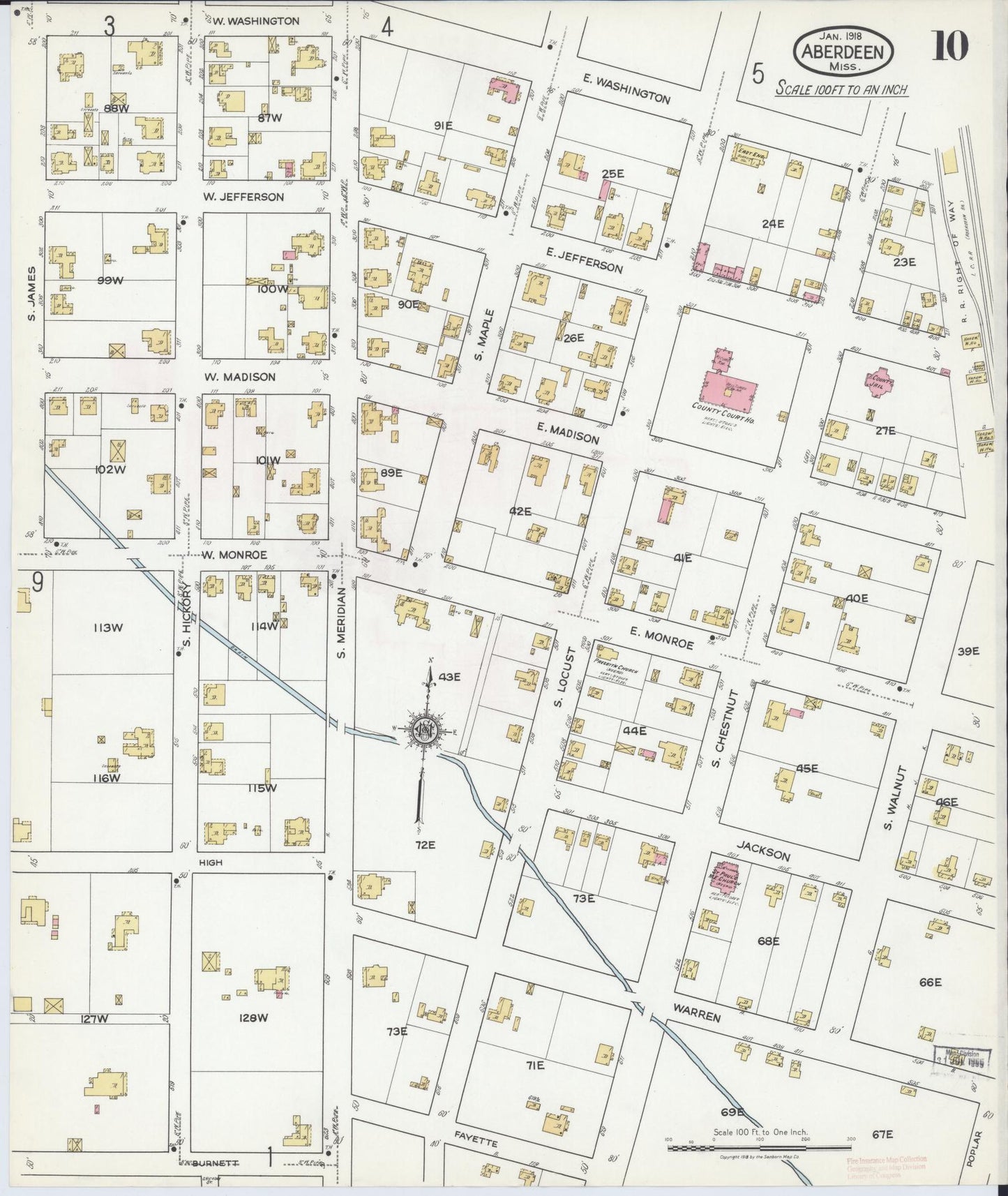Sanborn Fire Insurance Map from Aberdeen, Monroe County, Mississippi (1918), Sheet #0010 - Complete Map Set gallery image, historic Sanborn map, vintage wall art, Mississippi Mississippi