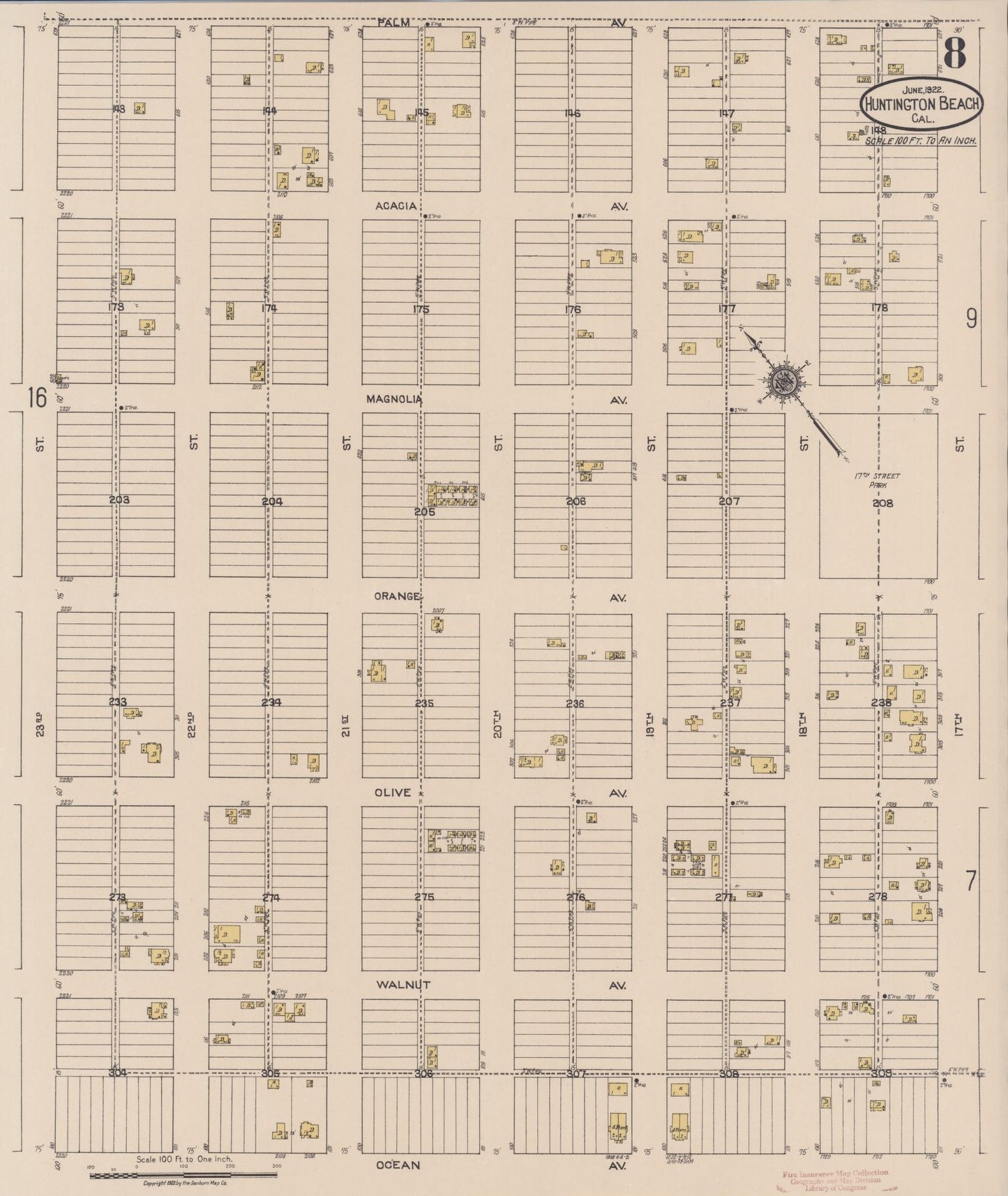 Sanborn Fire Insurance Map from Huntington Beach, Orange County, California (1922), Sheet #0008 - Historic Sanborn Fire Insurance Map Print, vintage old map wall art, antique decor, genealogy gift, California California map