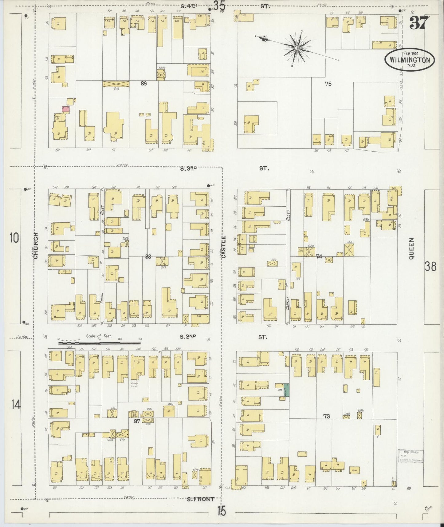 Sanborn Fire Insurance Map from Wilmington, New Hanover County, North Carolina (1904), Sheet #0037 - Historic Sanborn Fire Insurance Map Print, vintage old map wall art, antique decor, genealogy gift, North Carolina North Carolina map