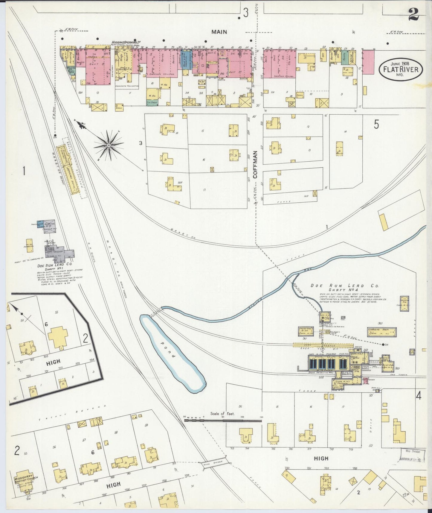 Sanborn Fire Insurance Map from Flat River, Saint Francois County, Missouri (1908), Sheet #0002 - Historic Sanborn Fire Insurance Map Print, vintage old map wall art, antique decor, genealogy gift, Missouri Missouri map