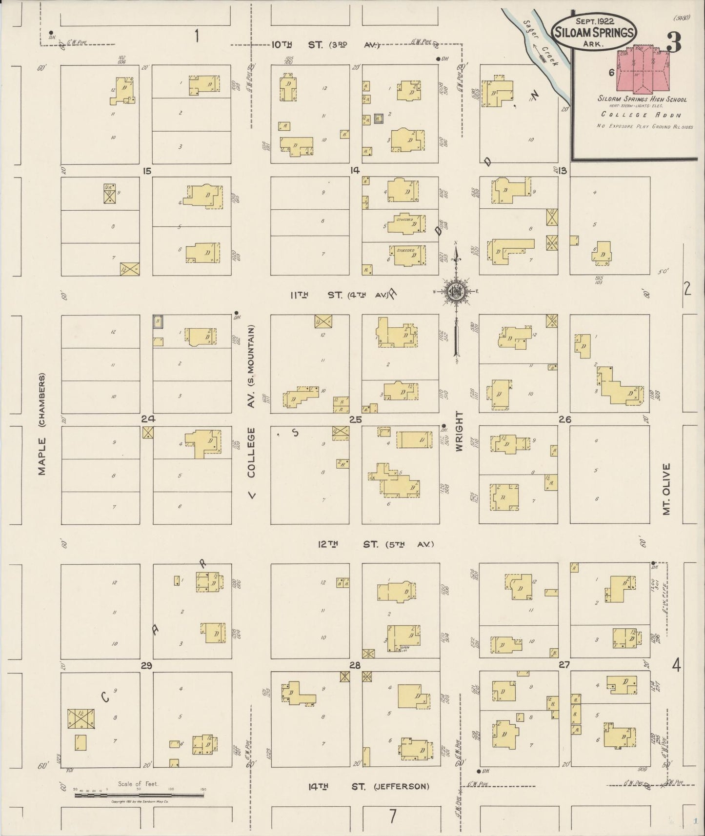 Sanborn Fire Insurance Map from Siloam Springs, Benton County, Arkansas (1922), Sheet #0003 - Historic Sanborn Fire Insurance Map Print, vintage old map wall art, antique decor, genealogy gift, Arkansas Arkansas map