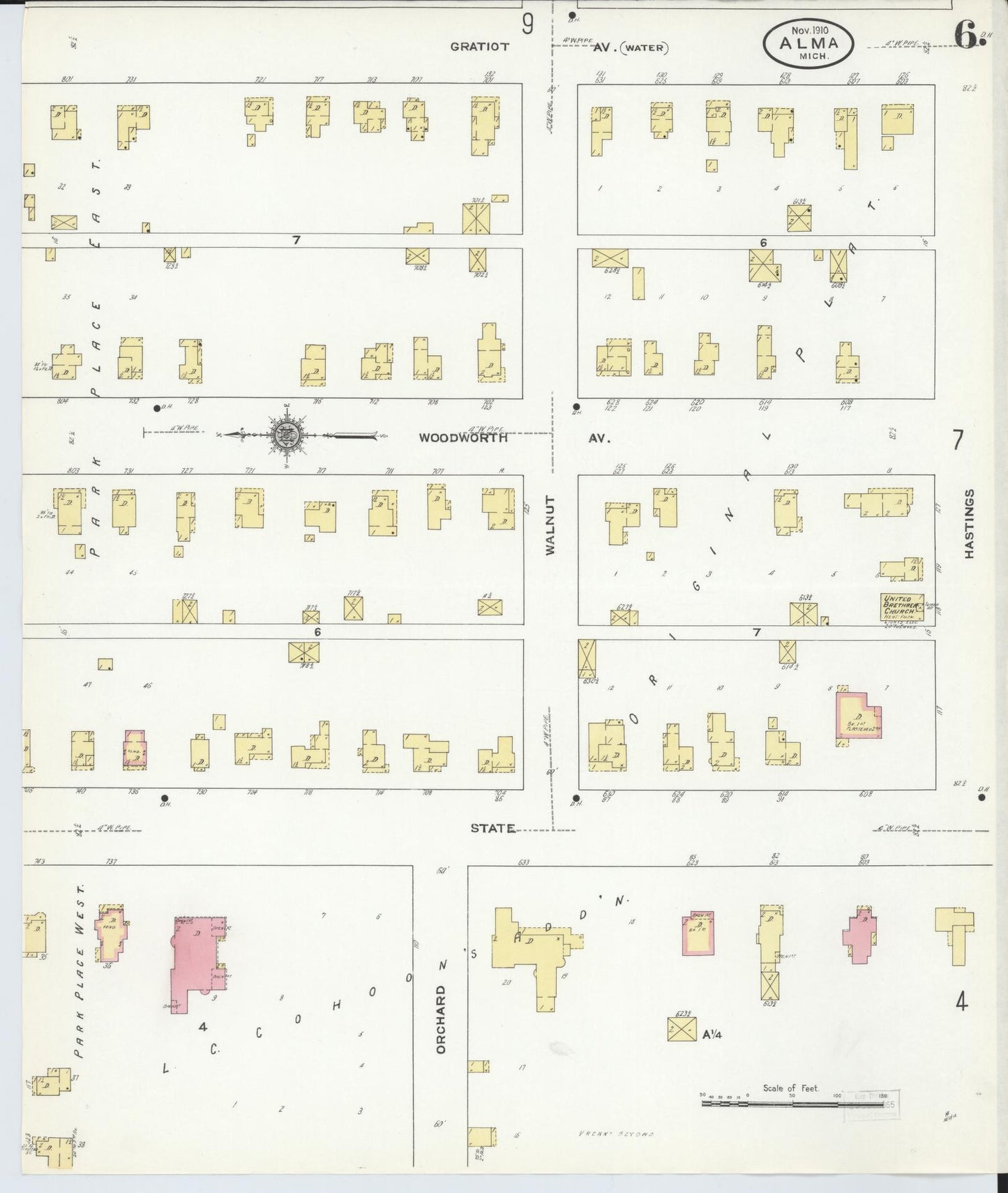 Sanborn Fire Insurance Map from Alma, Gratiot County, Michigan (1910), Sheet #0006 - Historic Sanborn Fire Insurance Map Print, vintage old map wall art, antique decor, genealogy gift, Michigan Michigan map