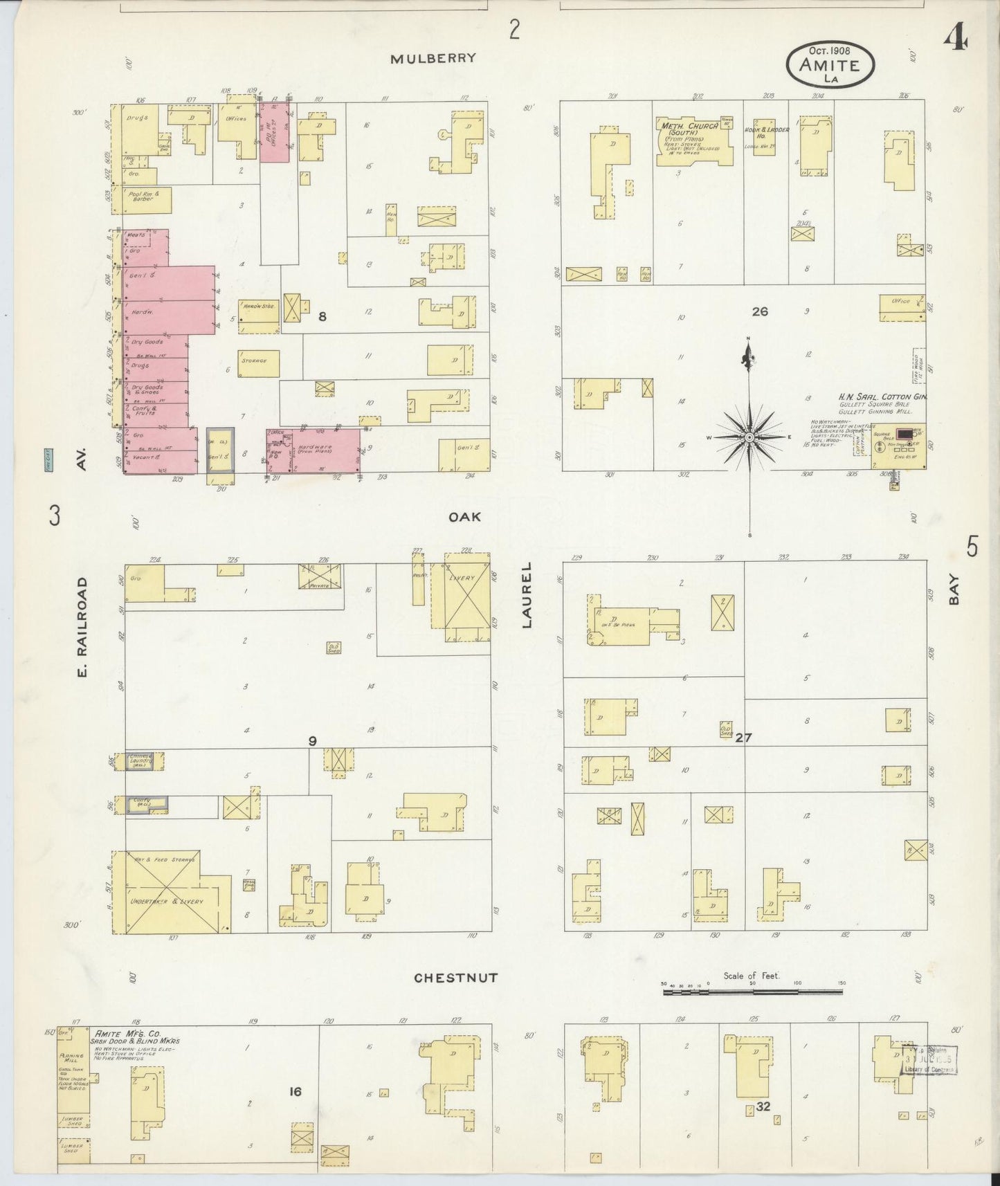 Sanborn Fire Insurance Map from Amite, Tangipahoa Parish, Louisiana (1908), Sheet #0004 - Historic Sanborn Fire Insurance Map Print, vintage old map wall art, antique decor, genealogy gift, Louisiana Louisiana map