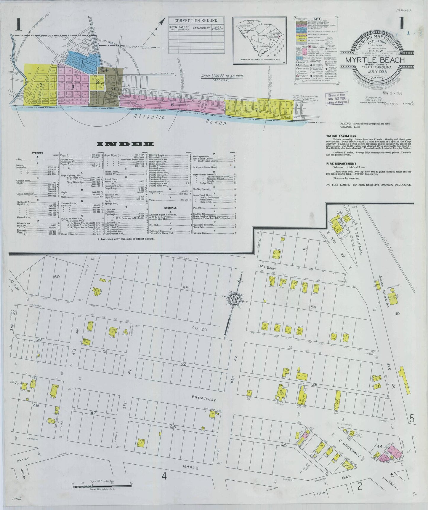 Sanborn Fire Insurance Map from Myrtle Beach, Horry County, South Carolina (1938), Sheet #0001 - Historic Sanborn Fire Insurance Map Print, vintage old map wall art, antique decor, genealogy gift, South Carolina South Carolina map
