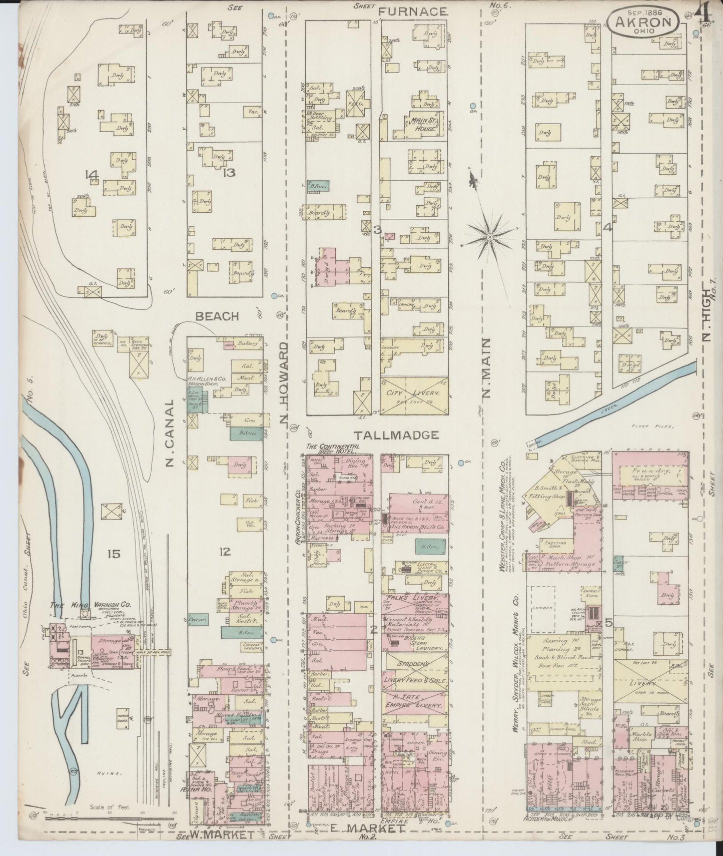 Sanborn Fire Insurance Map from Akron, Summit County, Ohio (1886), Sheet #0004 - Historic Sanborn Fire Insurance Map Print, vintage old map wall art, antique decor, genealogy gift, Ohio Ohio map