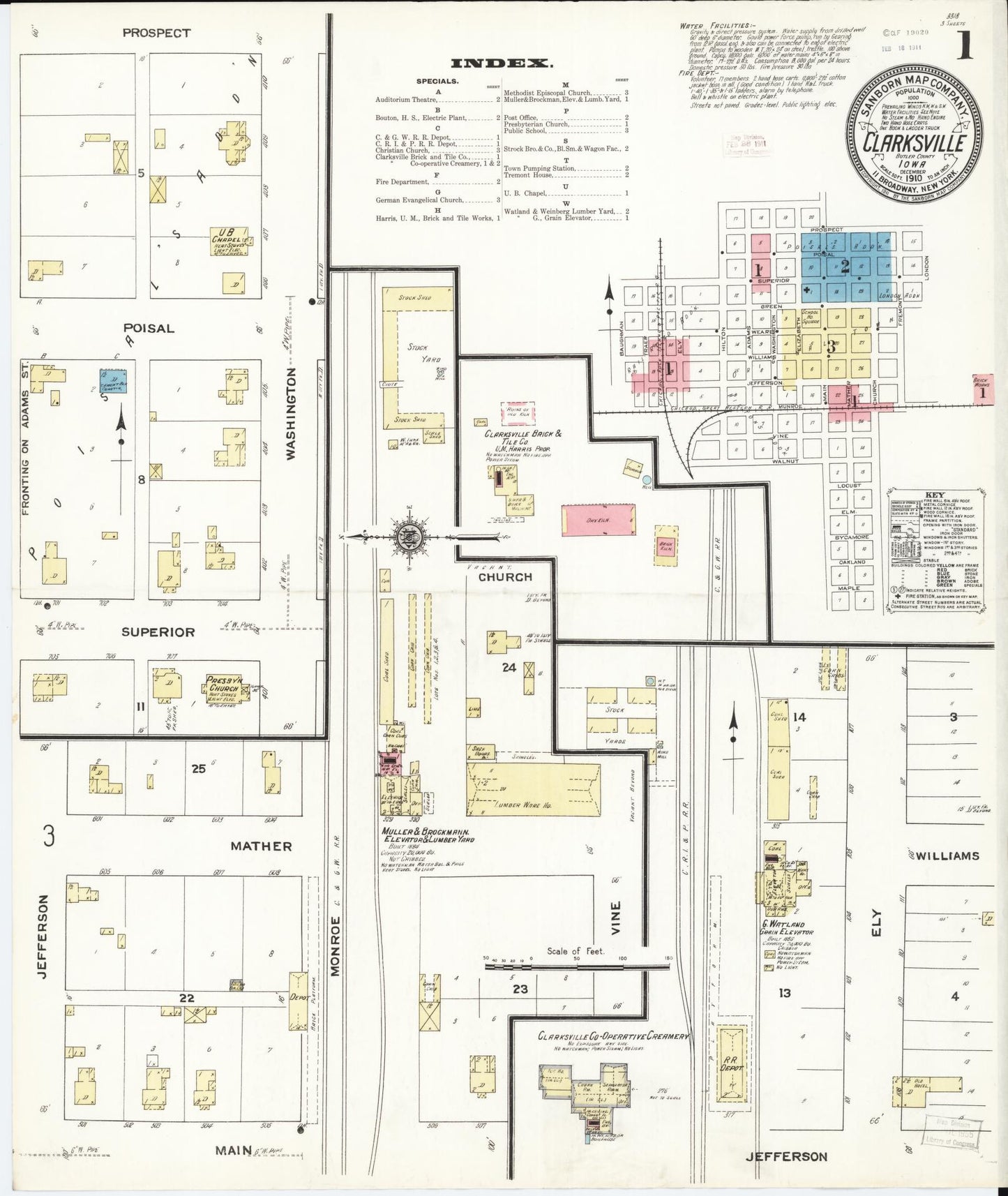 Sanborn Fire Insurance Map from Clarksville, Butler County, Iowa (1910), Sheet #0001 - Historic Sanborn Fire Insurance Map Print, vintage old map wall art