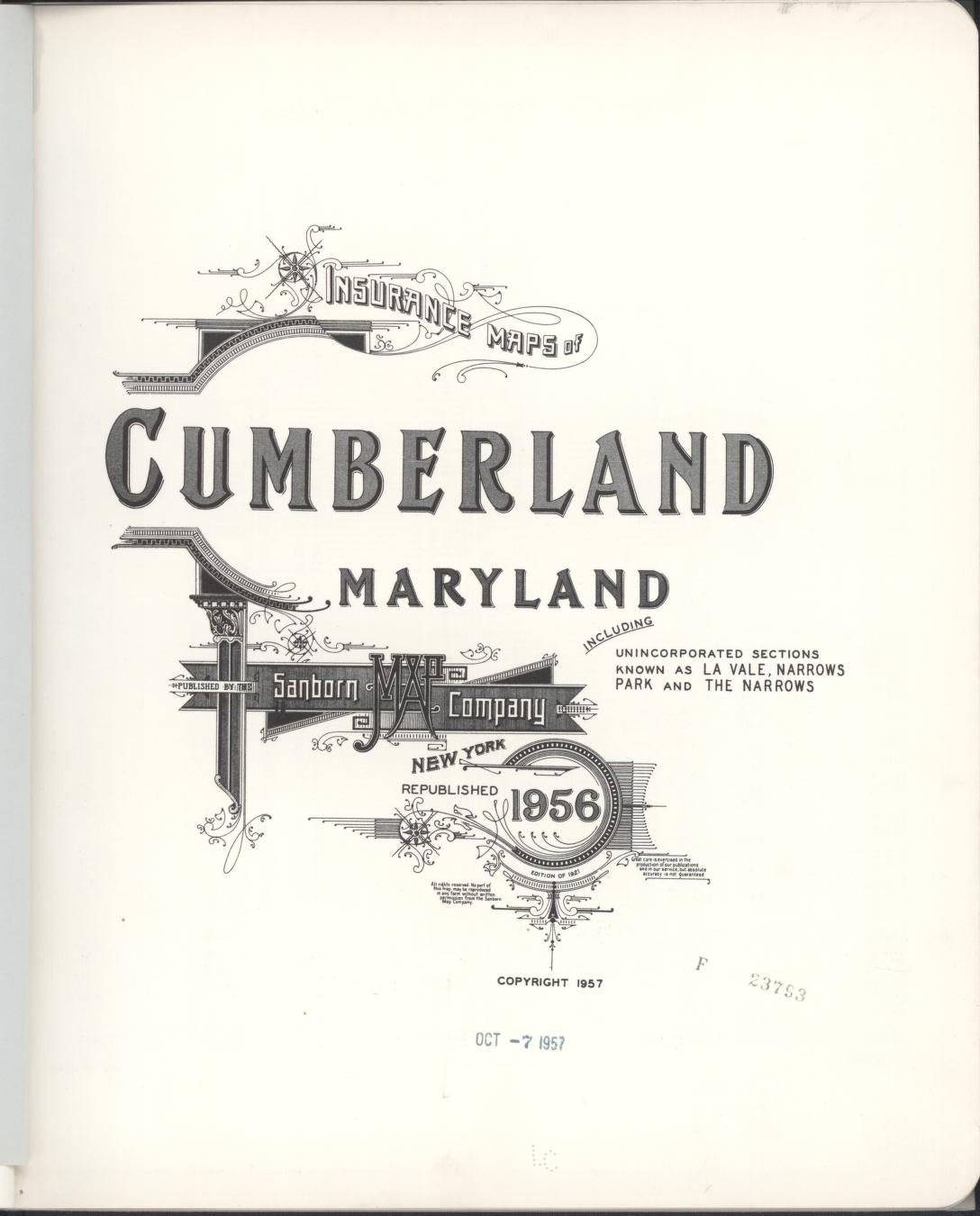 Sanborn Fire Insurance Map from Cumberland, Allegany County, Maryland (1956), Sheet #0001 - Historic Sanborn Fire Insurance Map Print, vintage old map wall art, antique decor, genealogy gift, Maryland Maryland map