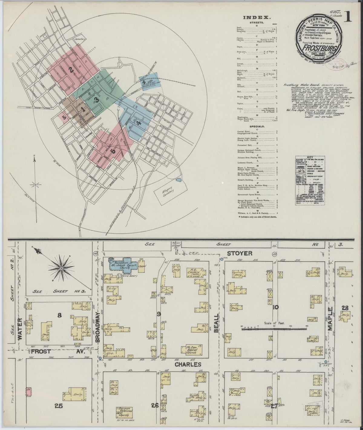 Sanborn Fire Insurance Map from Frostburg, Allegany County, Maryland (1890), Sheet #0001 - Historic Sanborn Fire Insurance Map Print, vintage old map wall art, antique decor, genealogy gift, Maryland Maryland map