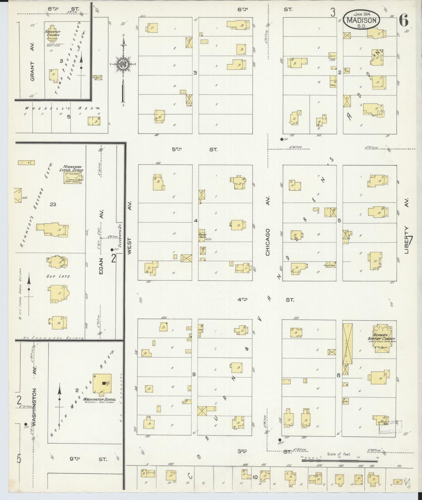 Sanborn Fire Insurance Map from Madison, Lake County, South Dakota (1914), Sheet #0006 - Historic Sanborn Fire Insurance Map Print, vintage old map wall art, antique decor, genealogy gift, South Dakota South Dakota map