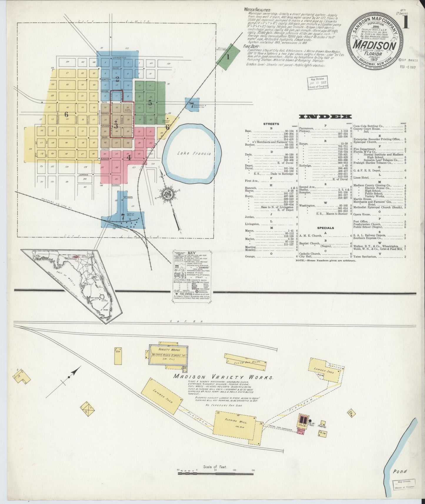 Sanborn Fire Insurance Map from Madison, Madison County, Florida (1917), Sheet #0001 - Historic Sanborn Fire Insurance Map Print, vintage old map wall art, antique decor, genealogy gift, Florida Florida map