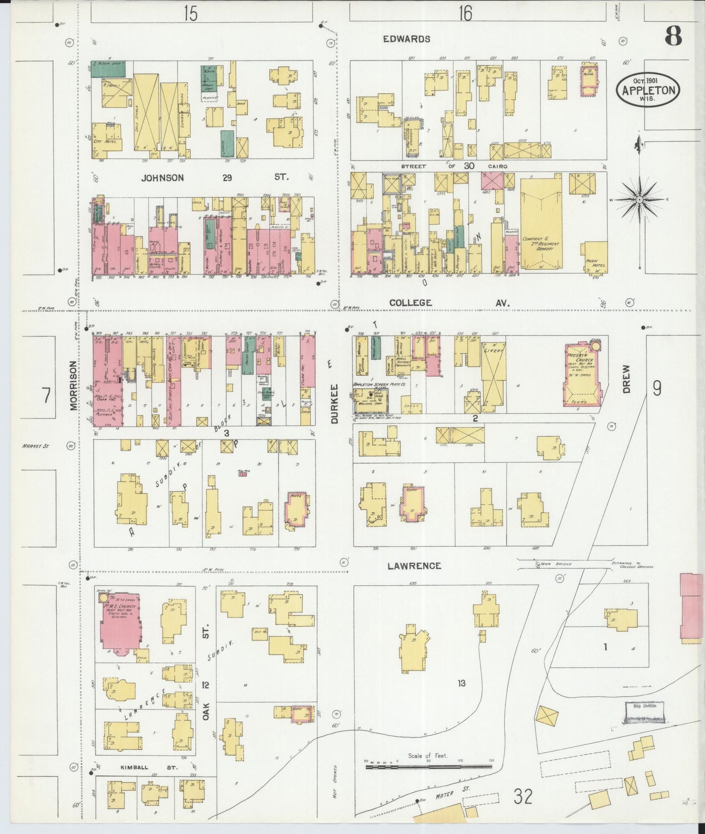 Sanborn Fire Insurance Map from Appleton, Outagamie County, Wisconsin (1901), Sheet #0008 - Historic Sanborn Fire Insurance Map Print, vintage old map wall art, antique decor, genealogy gift, Wisconsin Wisconsin map
