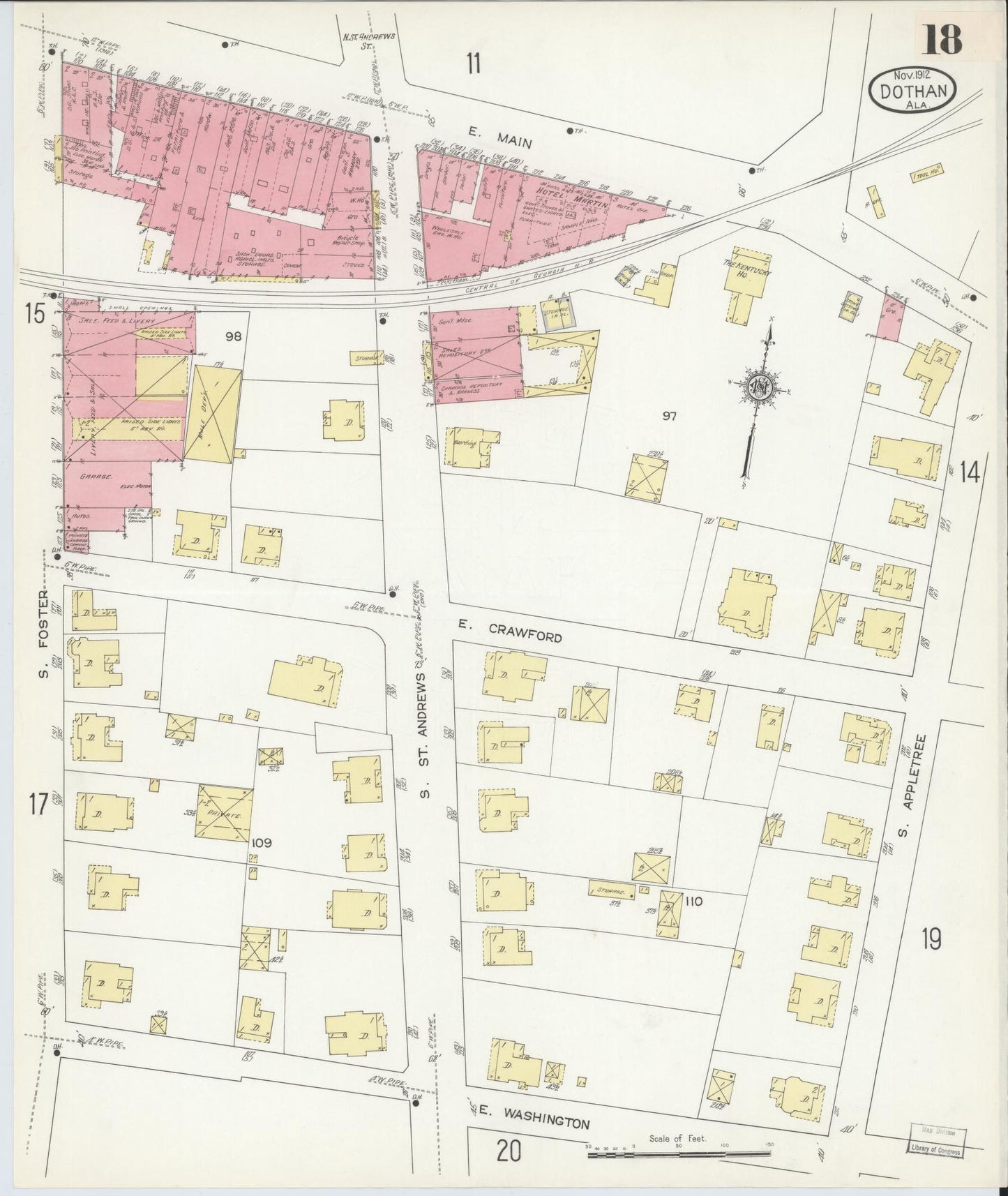 Sanborn Fire Insurance Map from Dothan, Houston County, Alabama (1912), Sheet #0018 - Historic Sanborn Fire Insurance Map Print, vintage old map wall art, antique decor, genealogy gift, Alabama Alabama map