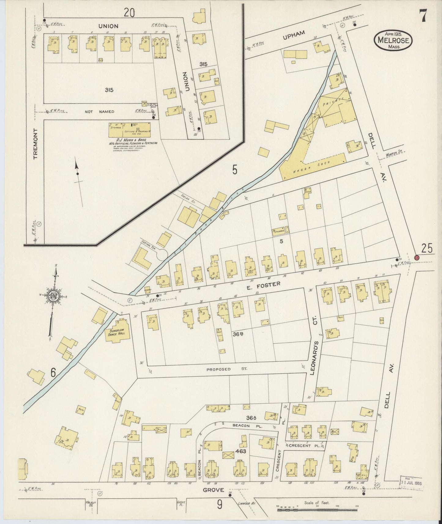 Sanborn Fire Insurance Map from Melrose, Middlesex County, Massachusetts (1915), Sheet #0007 - Historic Sanborn Fire Insurance Map Print, vintage old map wall art, antique decor, genealogy gift, Massachusetts Massachusetts map