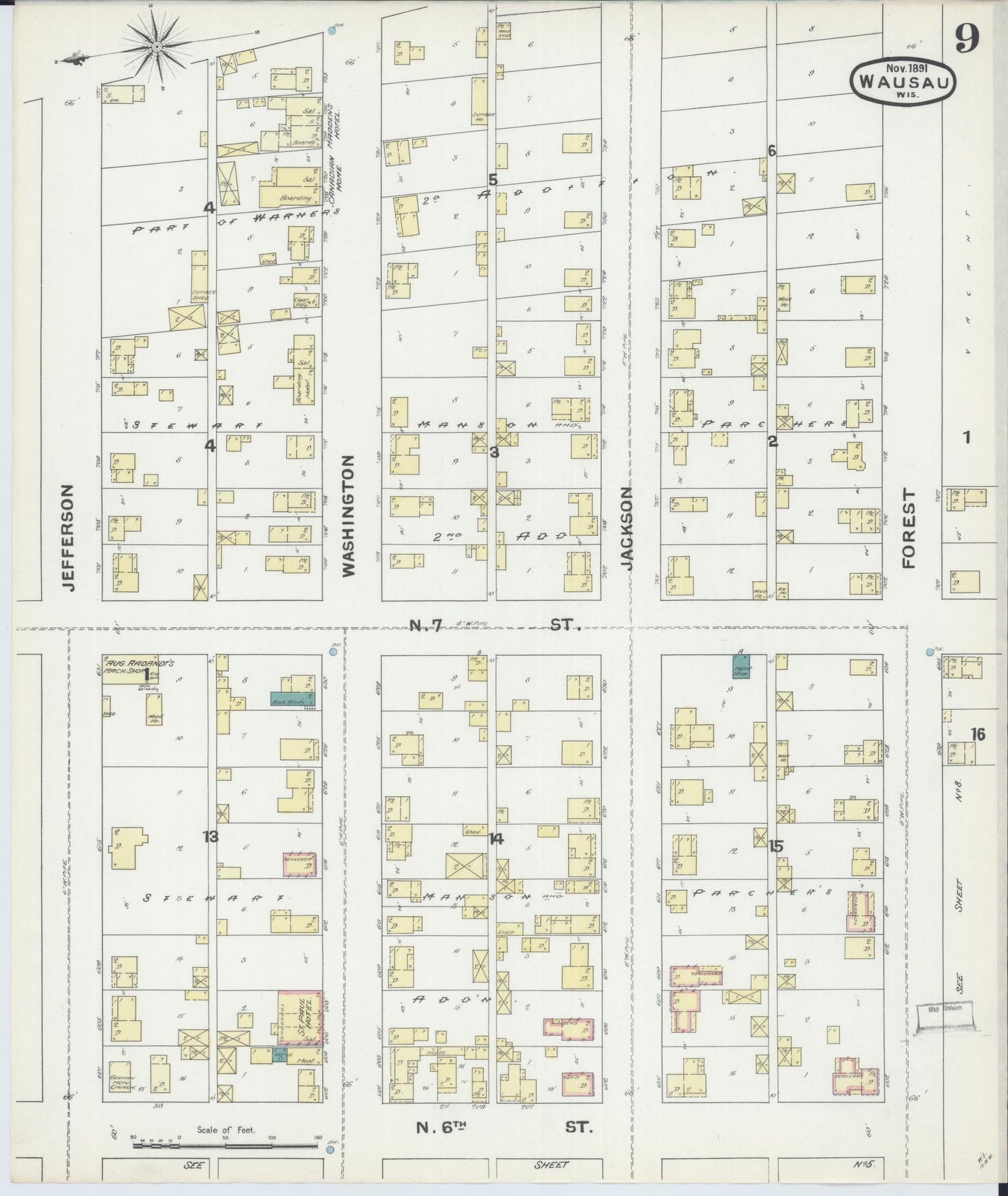 Sanborn Fire Insurance Map from Wausau, Marathon County, Wisconsin (1891), Sheet #0009 - Historic Sanborn Fire Insurance Map Print, vintage old map wall art, antique decor, genealogy gift, Wisconsin Wisconsin map
