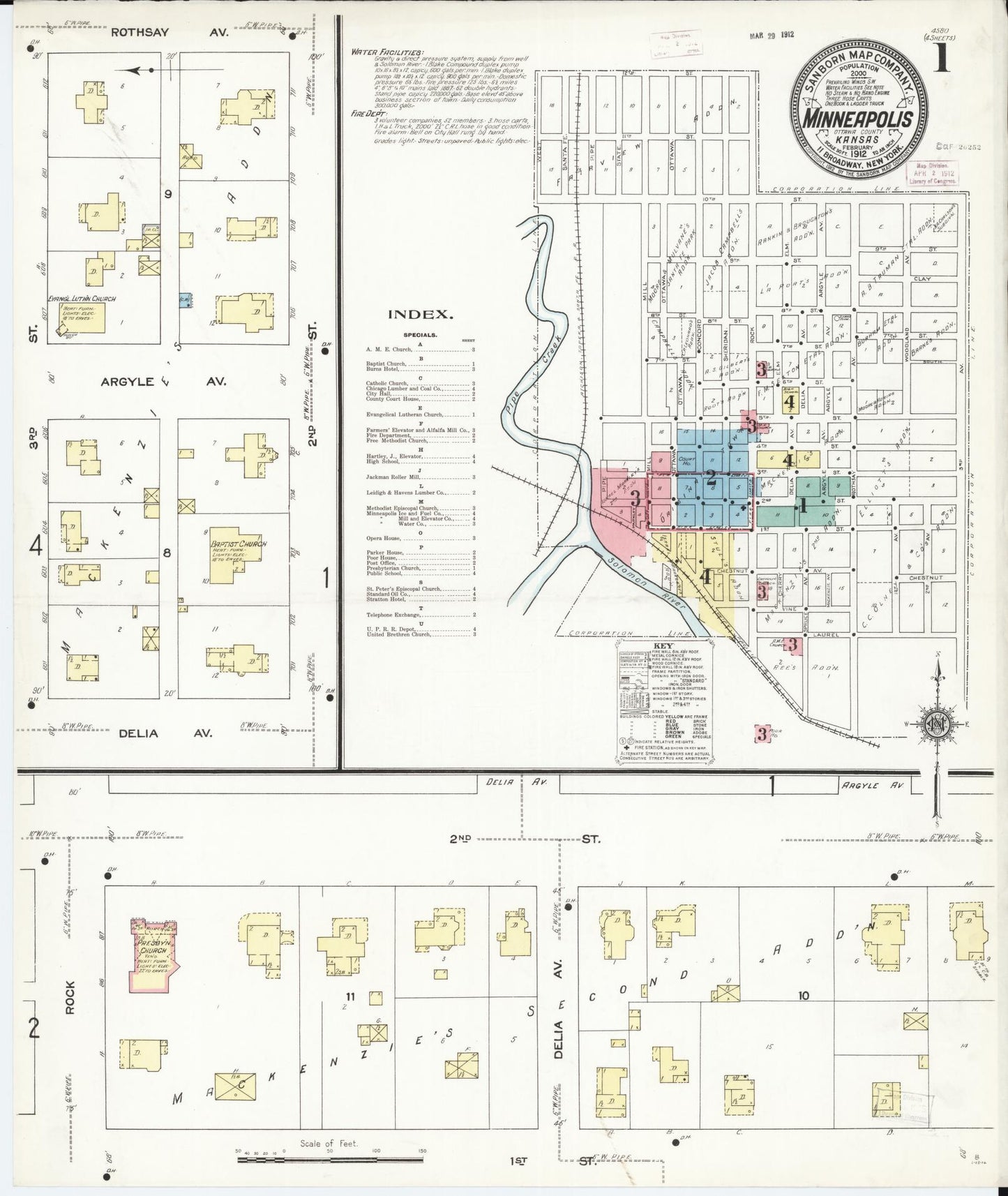 Sanborn Fire Insurance Map from Minneapolis, Ottawa County, Kansas (1912), Sheet #0001 - Historic Sanborn Fire Insurance Map Print, vintage old map wall art, antique decor, genealogy gift, Kansas Kansas map