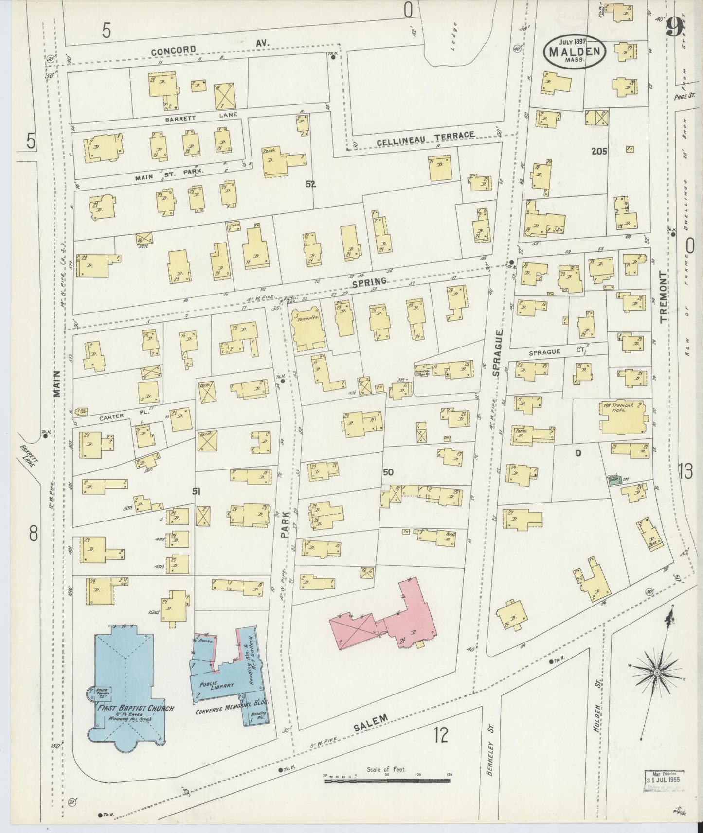 Sanborn Fire Insurance Map from Malden, Middlesex County, Massachusetts (1897), Sheet #0009 - Historic Sanborn Fire Insurance Map Print, vintage old map wall art, antique decor, genealogy gift, Massachusetts Massachusetts map