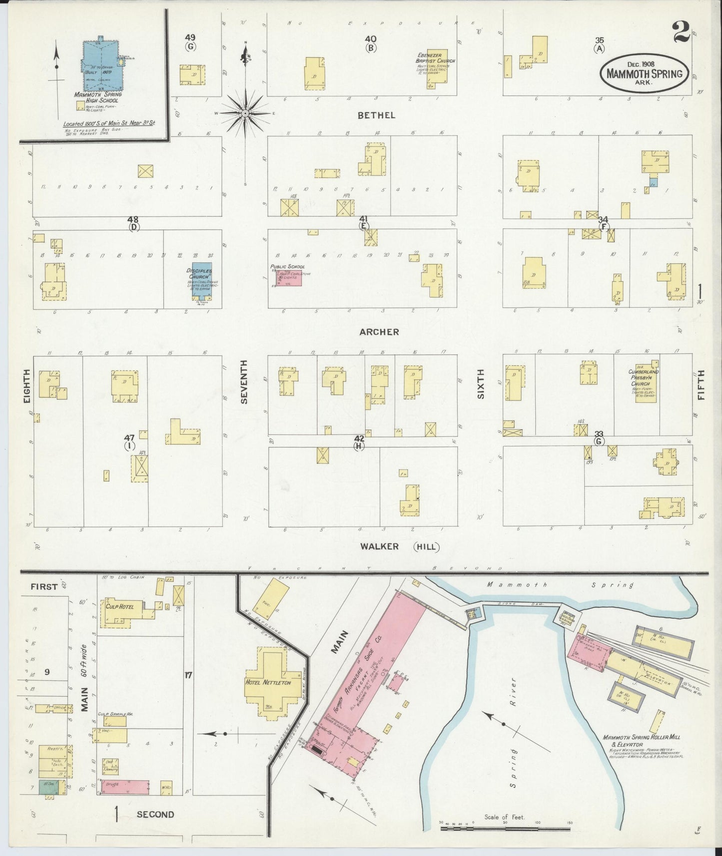 Sanborn Fire Insurance Map from Mammoth Spring, Fulton County, Arkansas (1908), Sheet #0002 - Historic Sanborn Fire Insurance Map Print, vintage old map wall art, antique decor, genealogy gift, Arkansas Arkansas map