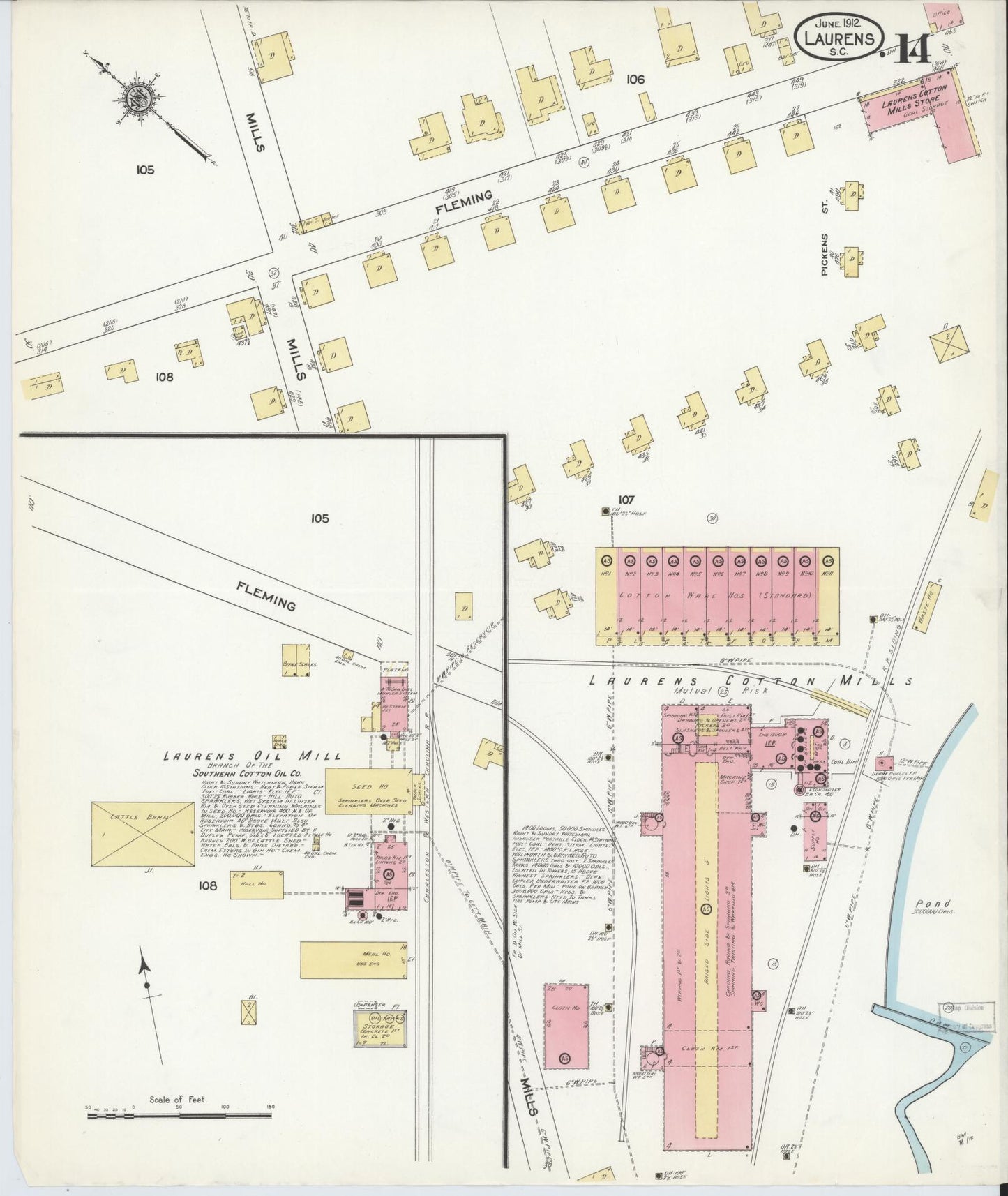 Sanborn Fire Insurance Map from Laurens, Laurens County, South Carolina (1912), Sheet #0014 - Historic Sanborn Fire Insurance Map Print, vintage old map wall art, antique decor, genealogy gift, South Carolina South Carolina map
