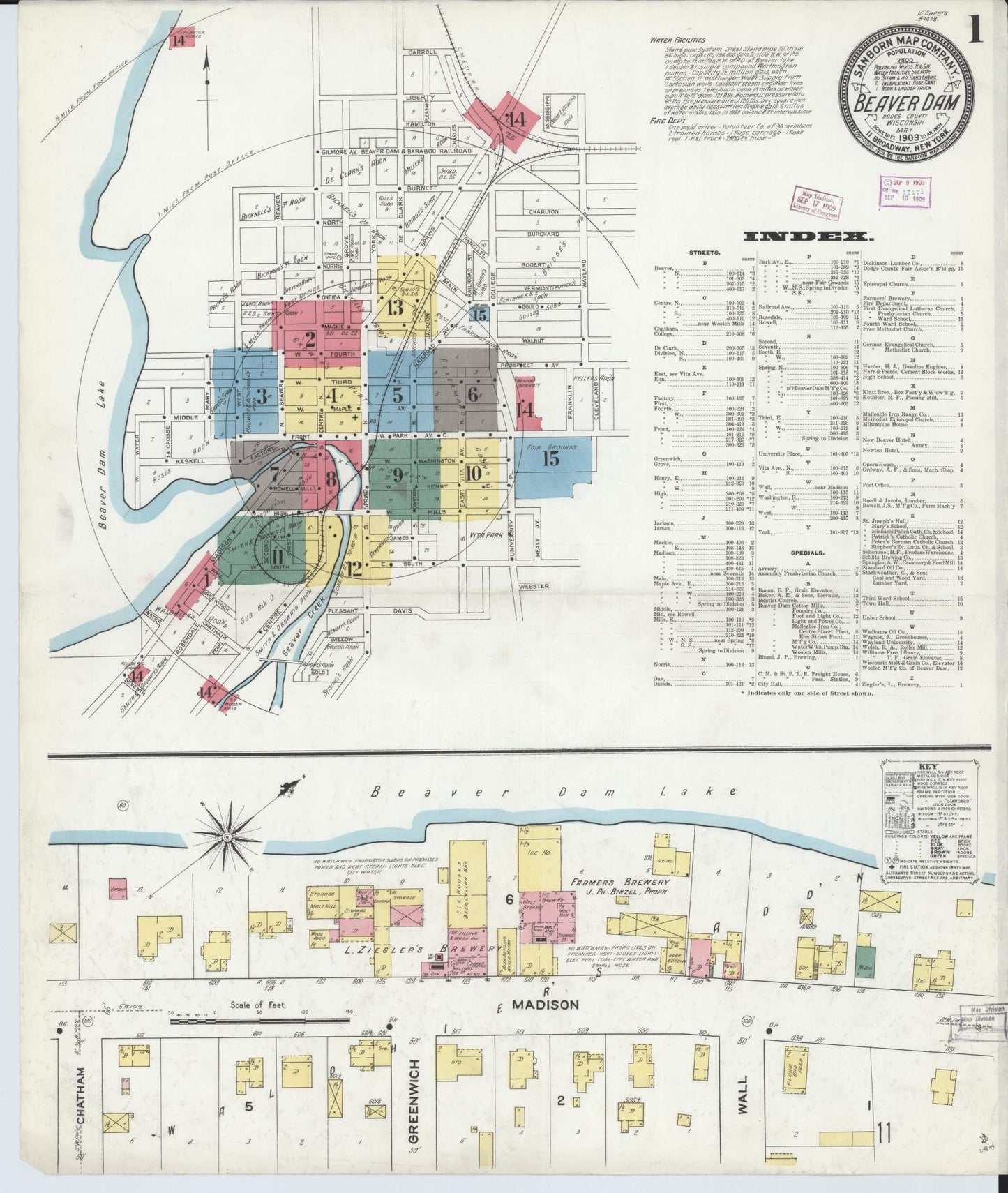 Sanborn Fire Insurance Map from Beaver Dam, Dodge County, Wisconsin (1909), Sheet #0001 - Historic Sanborn Fire Insurance Map Print, vintage old map wall art, antique decor, genealogy gift, Wisconsin Wisconsin map