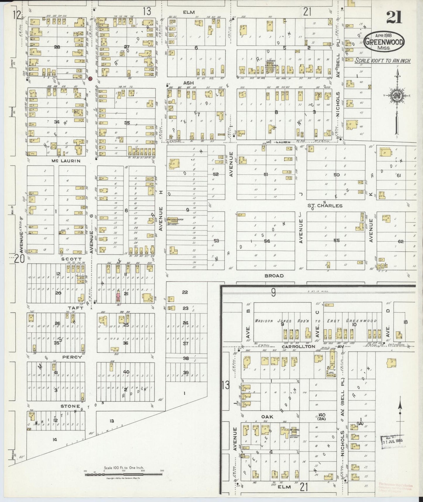 Sanborn Fire Insurance Map from Greenwood, Leflore County, Mississippi (1918), Sheet #0021 - Historic Sanborn Fire Insurance Map Print, vintage old map wall art, antique decor, genealogy gift, Mississippi Mississippi map