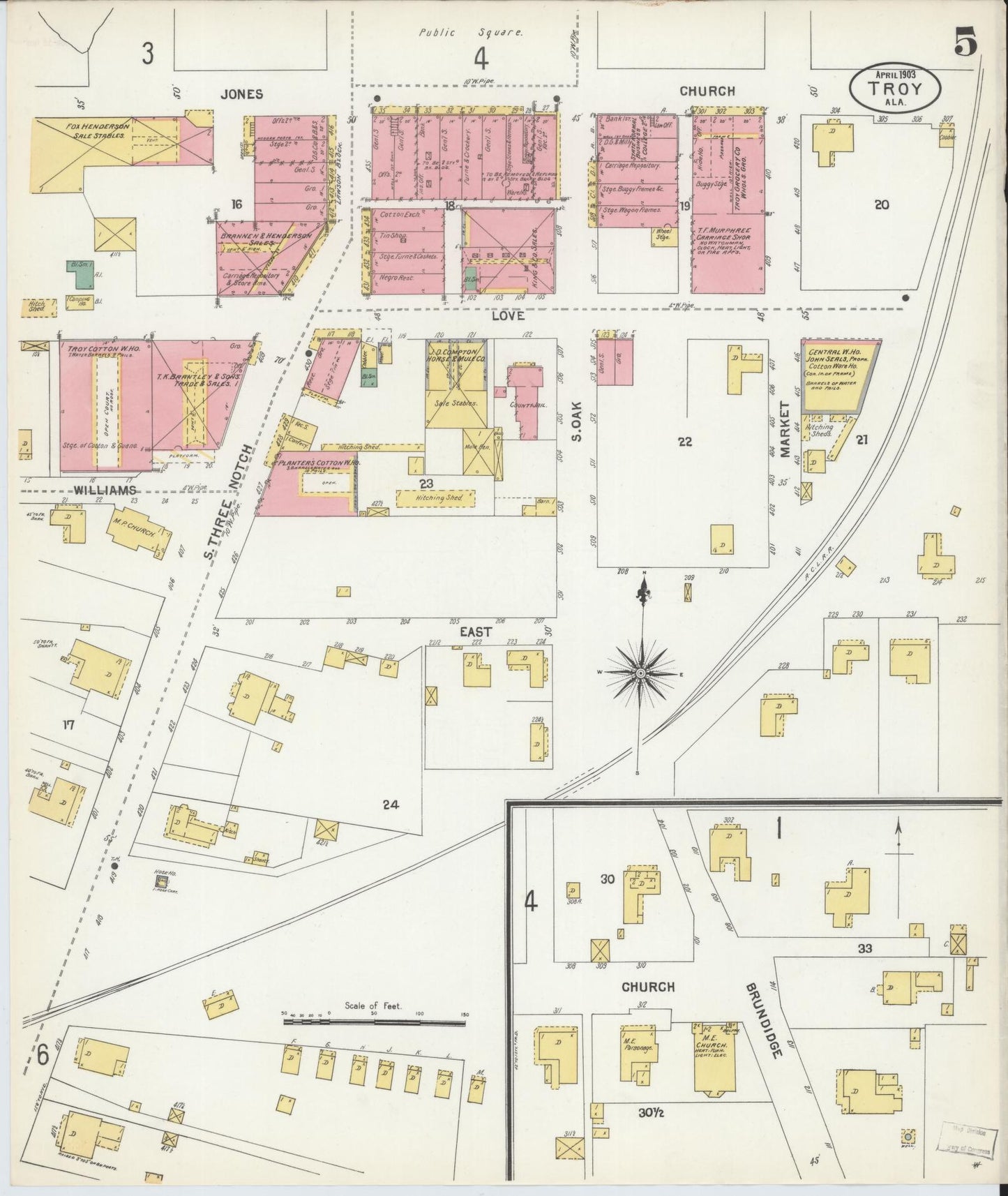 Sanborn Fire Insurance Map from Troy, Pike County, Alabama (1903), Sheet #0005 - Historic Sanborn Fire Insurance Map Print, vintage old map wall art, antique decor, genealogy gift, Alabama Alabama map