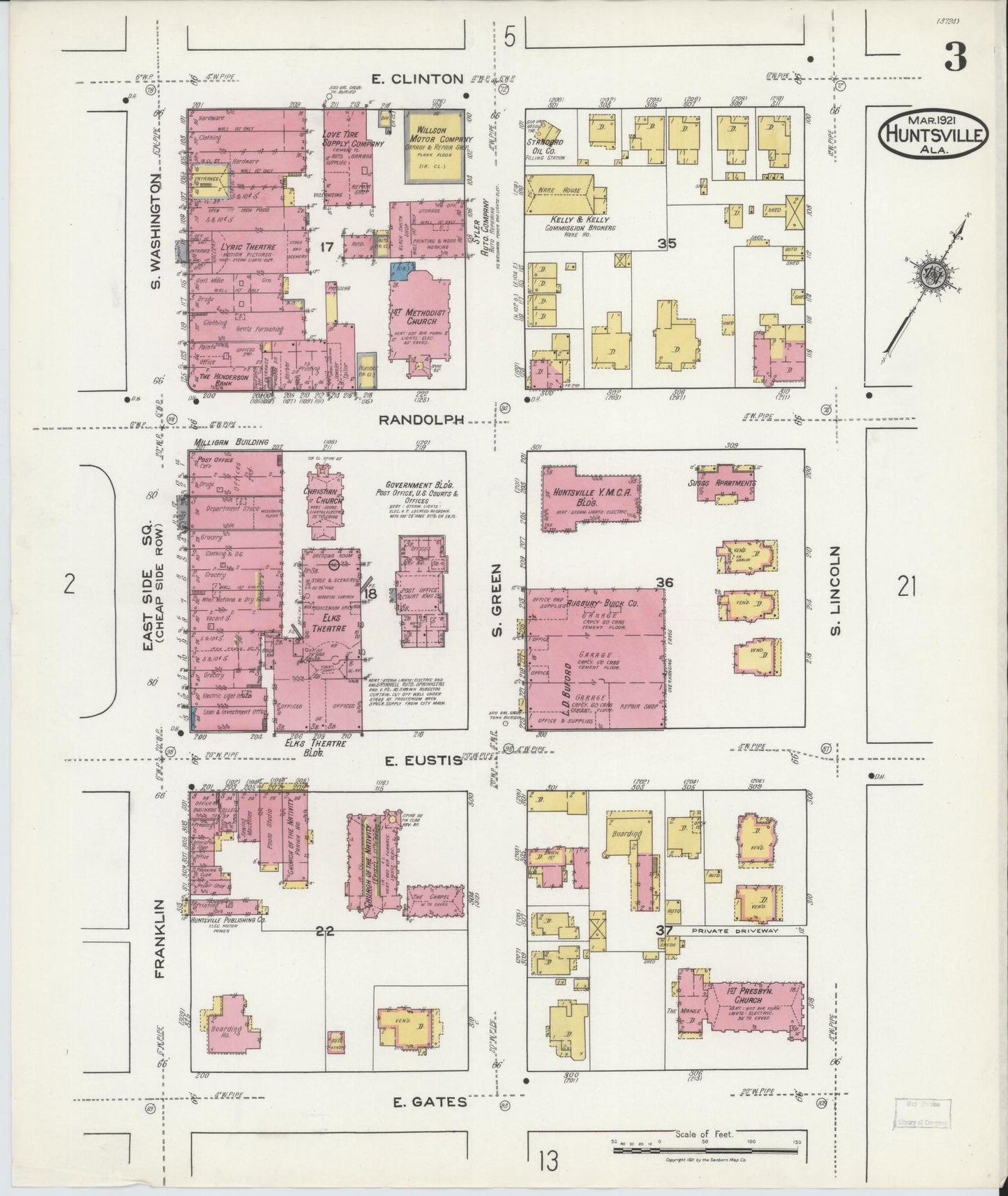 Sanborn Fire Insurance Map from Huntsville, Madison County, Alabama (1921), Sheet #0003 - Historic Sanborn Fire Insurance Map Print, vintage old map wall art, antique decor, genealogy gift, Alabama Alabama map