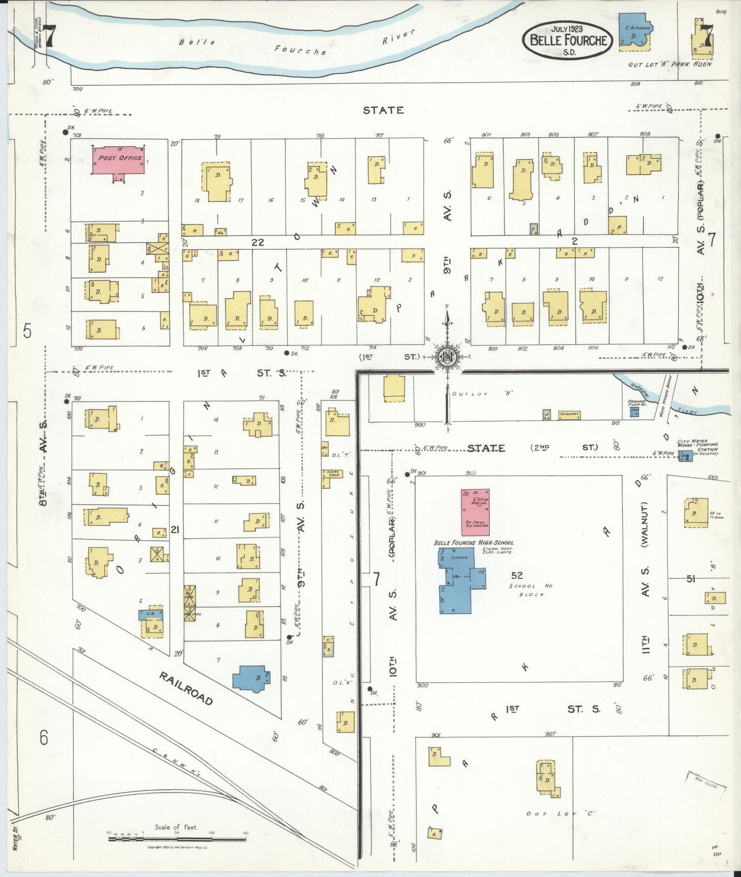 Sanborn Fire Insurance Map from Belle Fourche, Butte County, South Dakota (1923), Sheet #0007 - Historic Sanborn Fire Insurance Map Print, vintage old map wall art, antique decor, genealogy gift, South Dakota South Dakota map