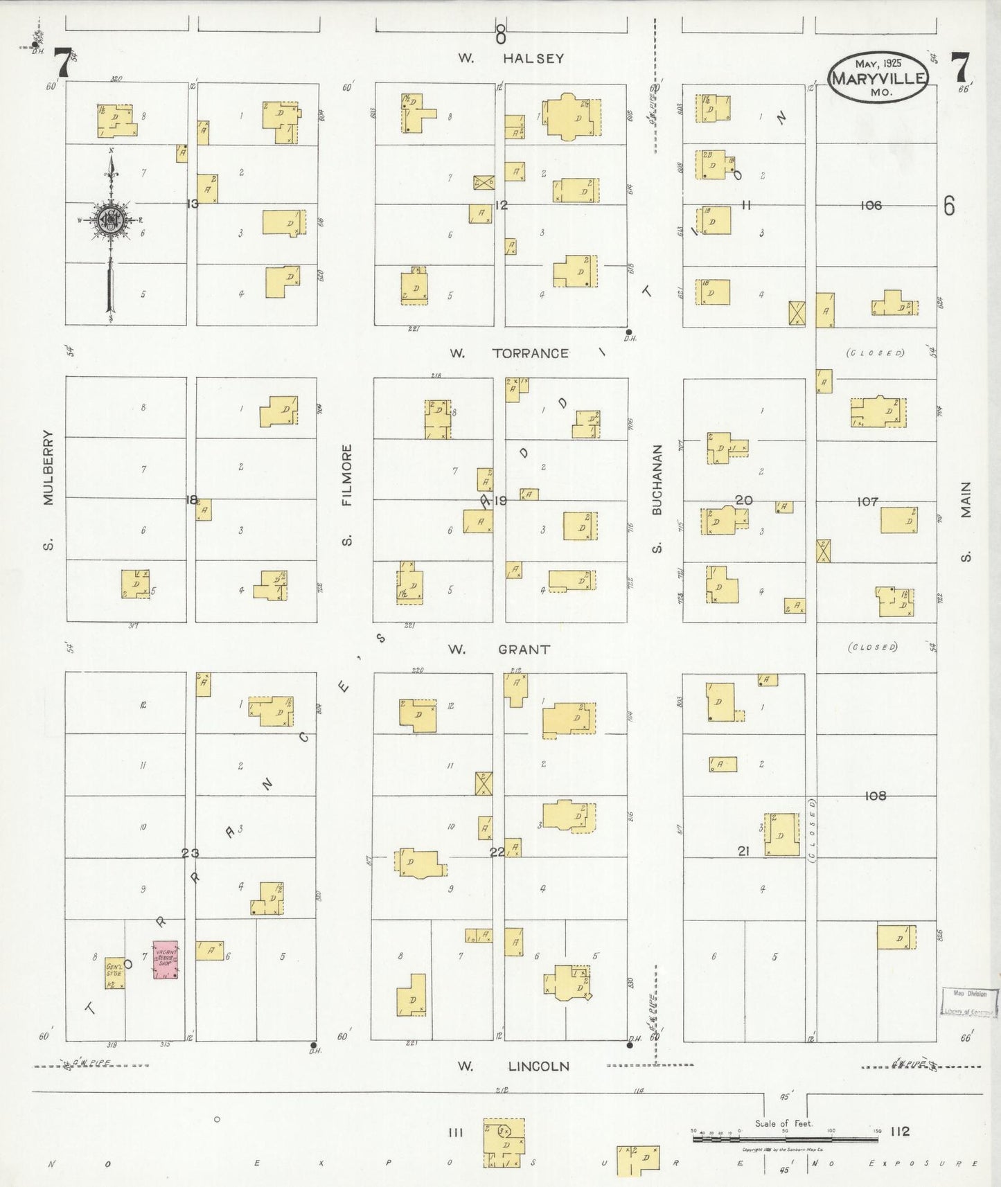 Sanborn Fire Insurance Map from Maryville, Nodaway County, Missouri (1925), Sheet #0007 - Historic Sanborn Fire Insurance Map Print, vintage old map wall art, antique decor, genealogy gift, Missouri Missouri map