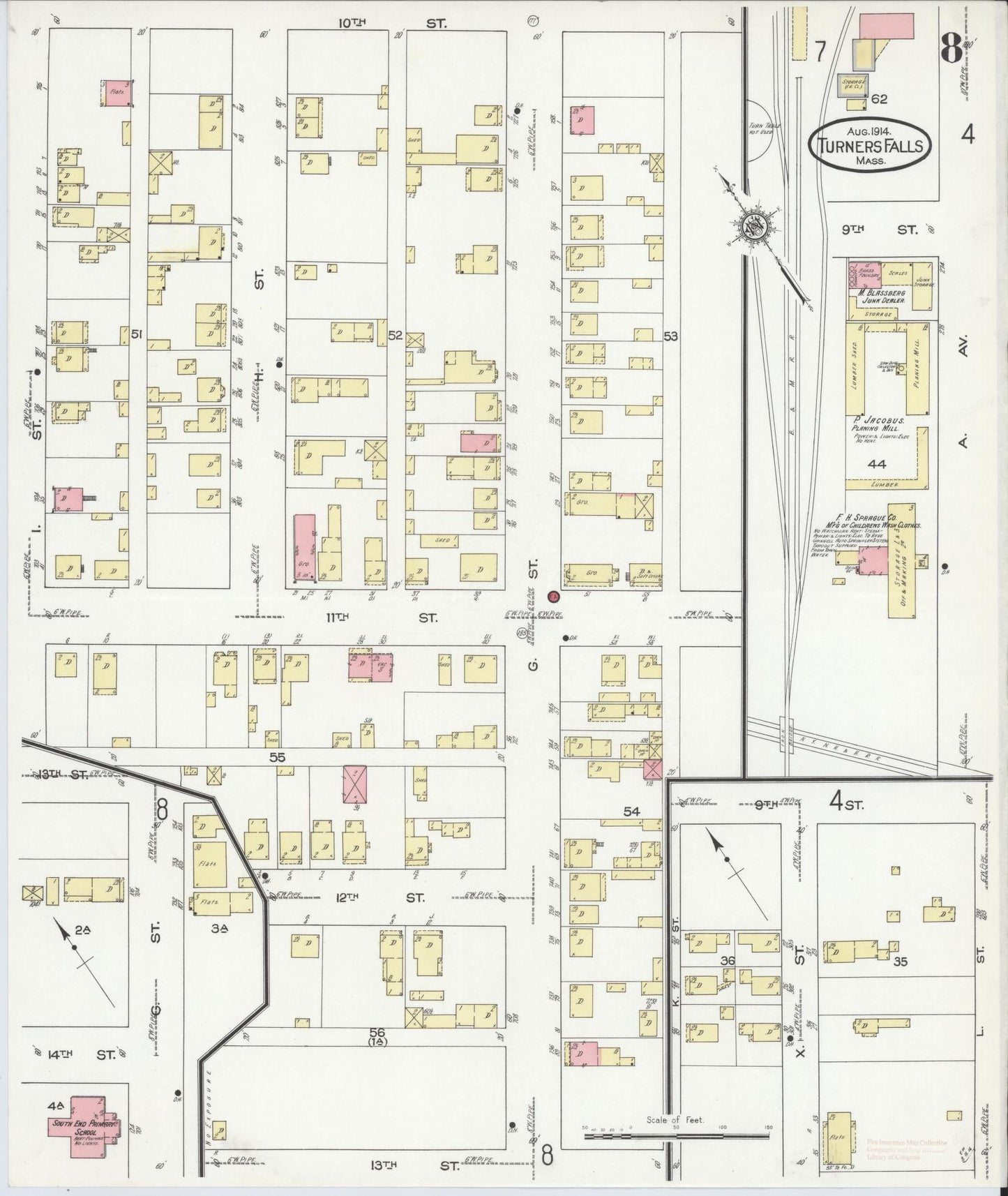 Sanborn Fire Insurance Map from Turners Falls, Franklin County, Massachusetts (1914), Sheet #0008 - Historic Sanborn Fire Insurance Map Print, vintage old map wall art, antique decor, genealogy gift, Massachusetts Massachusetts map