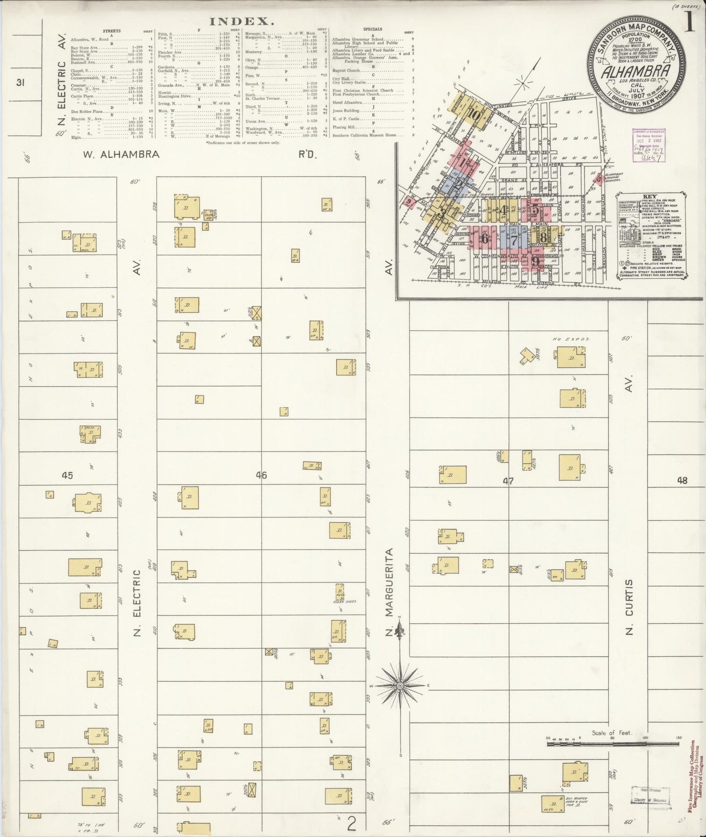 Sanborn Fire Insurance Map from Alhambra, Los Angeles County, California (1907), Sheet #0001 - Historic Sanborn Fire Insurance Map Print, vintage old map wall art, antique decor, genealogy gift, California California map