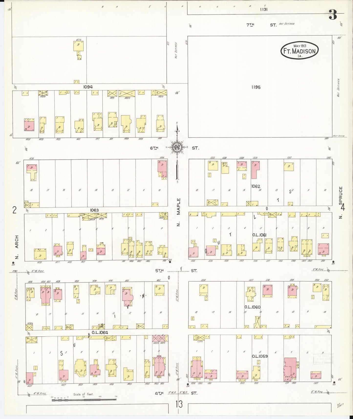 Sanborn Fire Insurance Map from Fort Madison, Lee County, Iowa (1913), Sheet #0003 - Historic Sanborn Fire Insurance Map Print, vintage old map wall art