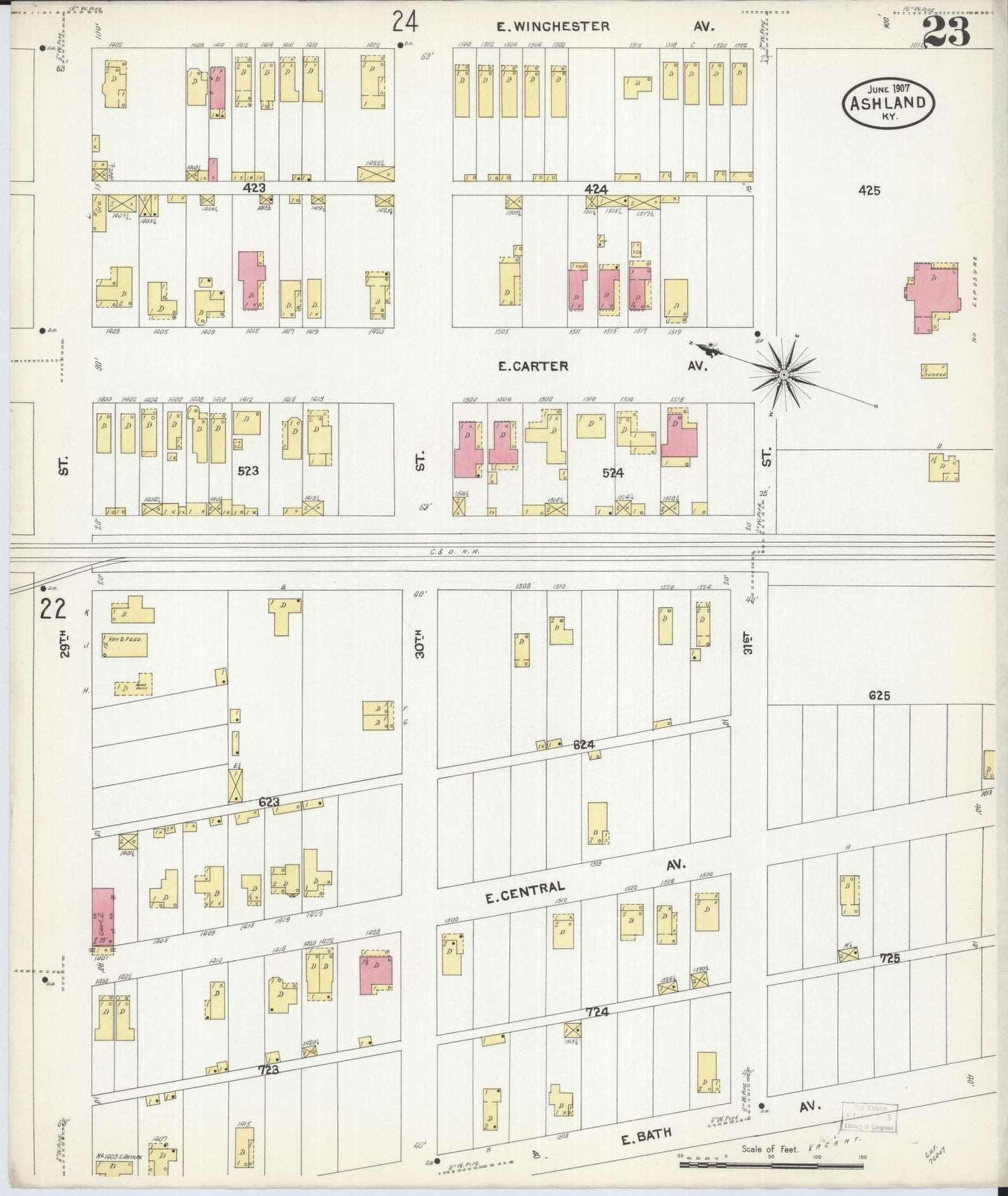 Sanborn Fire Insurance Map from Ashland, Boyd County, Kentucky (1907), Sheet #0023 - Historic Sanborn Fire Insurance Map Print, vintage old map wall art, antique decor, genealogy gift, Kentucky Kentucky map
