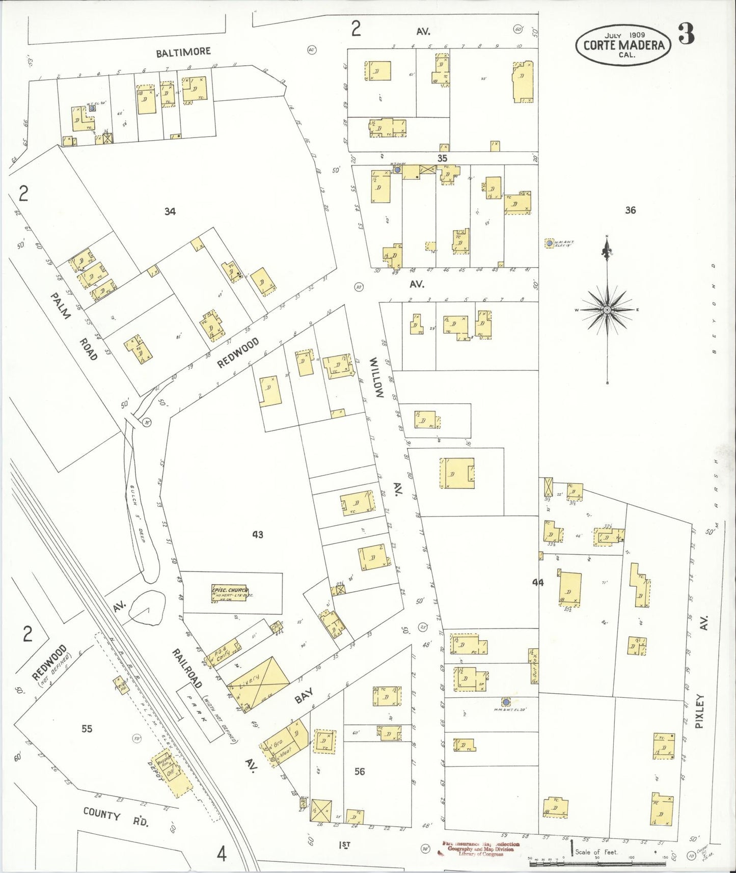 Sanborn Fire Insurance Map from Corte Madera, Marin County, California (1909), Sheet #0003 - Historic Sanborn Fire Insurance Map Print, vintage old map wall art, antique decor, genealogy gift, California California map