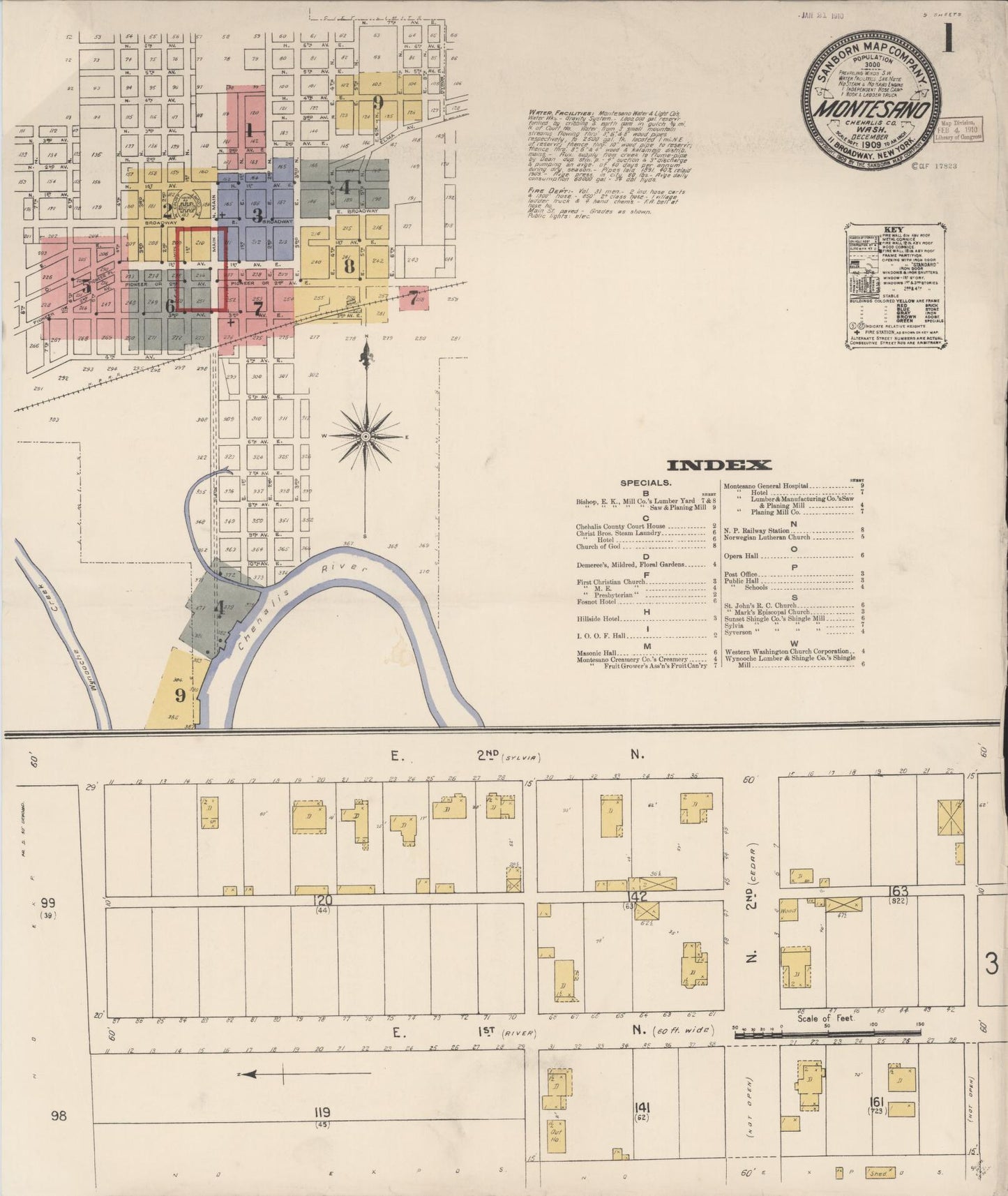 Sanborn Fire Insurance Map from Montesano, Grays Harbor County, Washington (1909), Sheet #0001 - Historic Sanborn Fire Insurance Map Print, vintage old map wall art, antique decor, genealogy gift, Washington Washington map