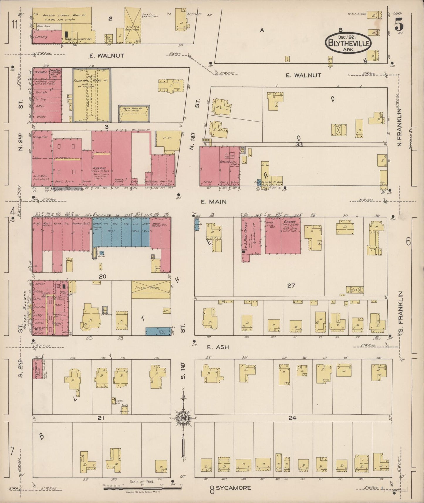 Sanborn Fire Insurance Map from Blytheville, Mississippi County, Arkansas (1921), Sheet #0005 - Historic Sanborn Fire Insurance Map Print, vintage old map wall art, antique decor, genealogy gift, Arkansas Arkansas map