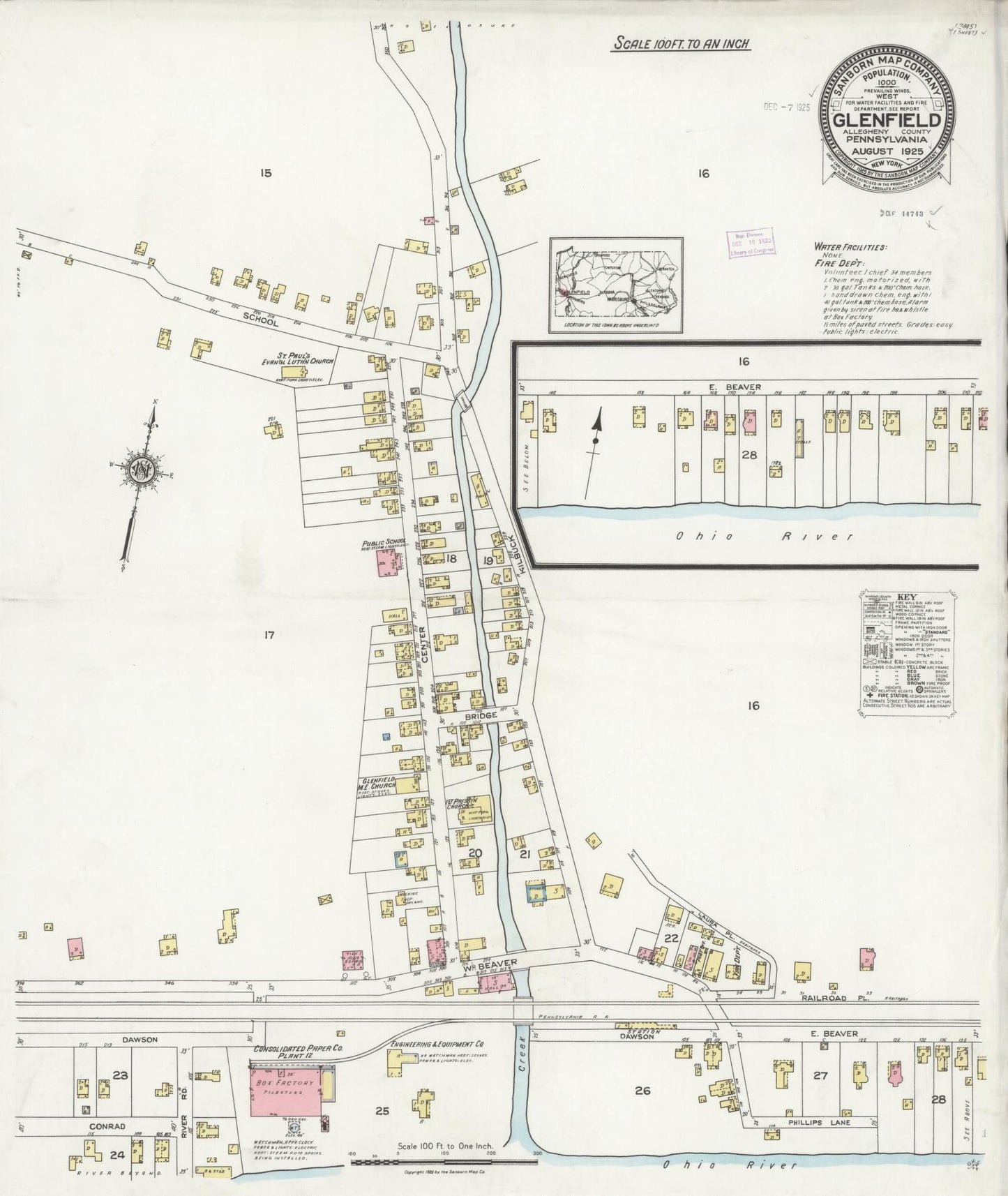 Sanborn Fire Insurance Map from Glenfield, Allegheny County, Pennsylvania (1925), Sheet #0001 - Historic Sanborn Fire Insurance Map Print, vintage old map wall art, antique decor, genealogy gift, Pennsylvania Pennsylvania map