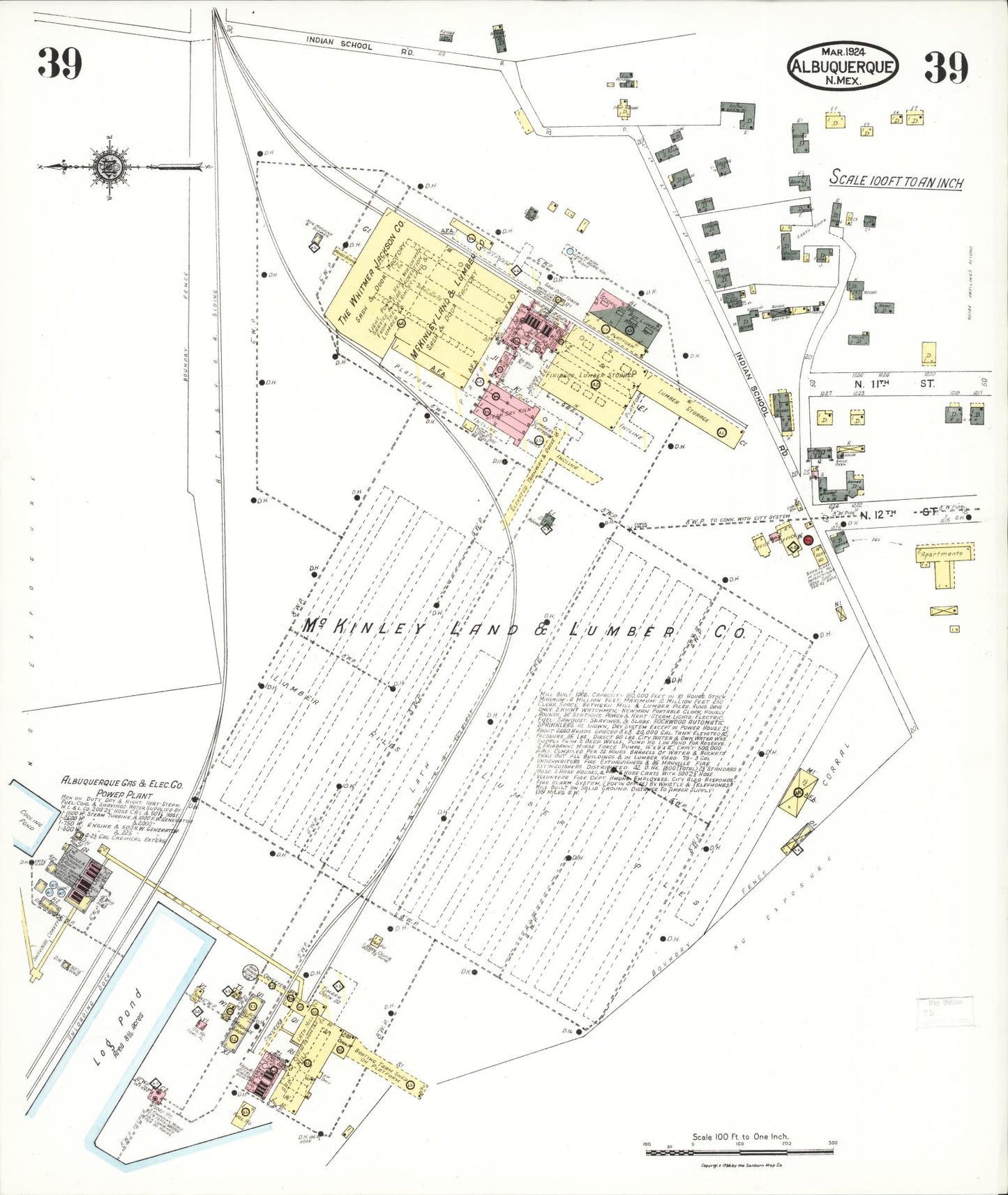 Sanborn Fire Insurance Map from Albuquerque, Bernalillo County, New Mexico (1924), Sheet #0039 - Historic Sanborn Fire Insurance Map Print, vintage old map wall art, antique decor, genealogy gift, New Mexico New Mexico map