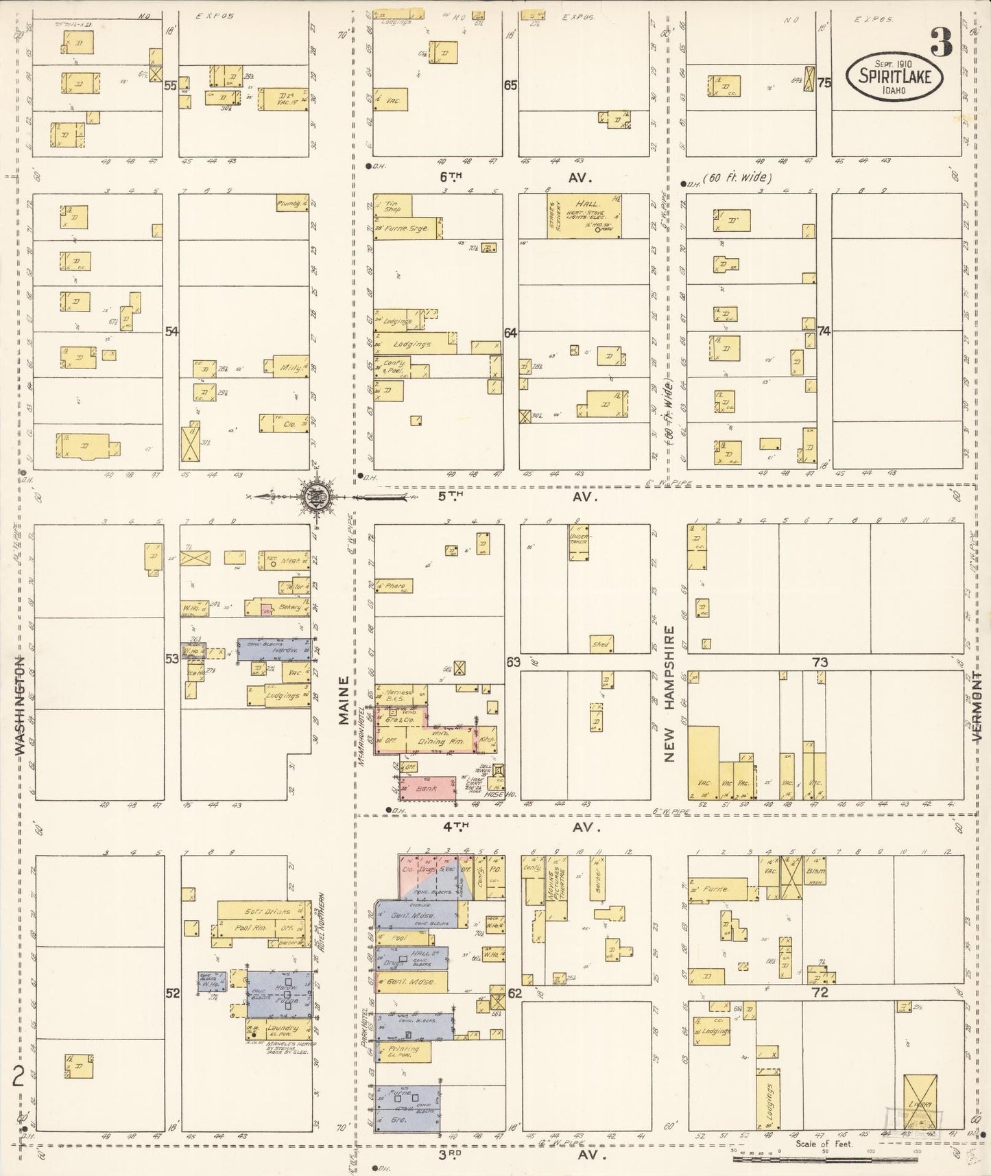 Sanborn Fire Insurance Map from Spirit Lake, Kootenai County, Idaho (1910), Sheet #0003 - Historic Sanborn Fire Insurance Map Print, vintage old map wall art, antique decor, genealogy gift, Idaho Idaho map