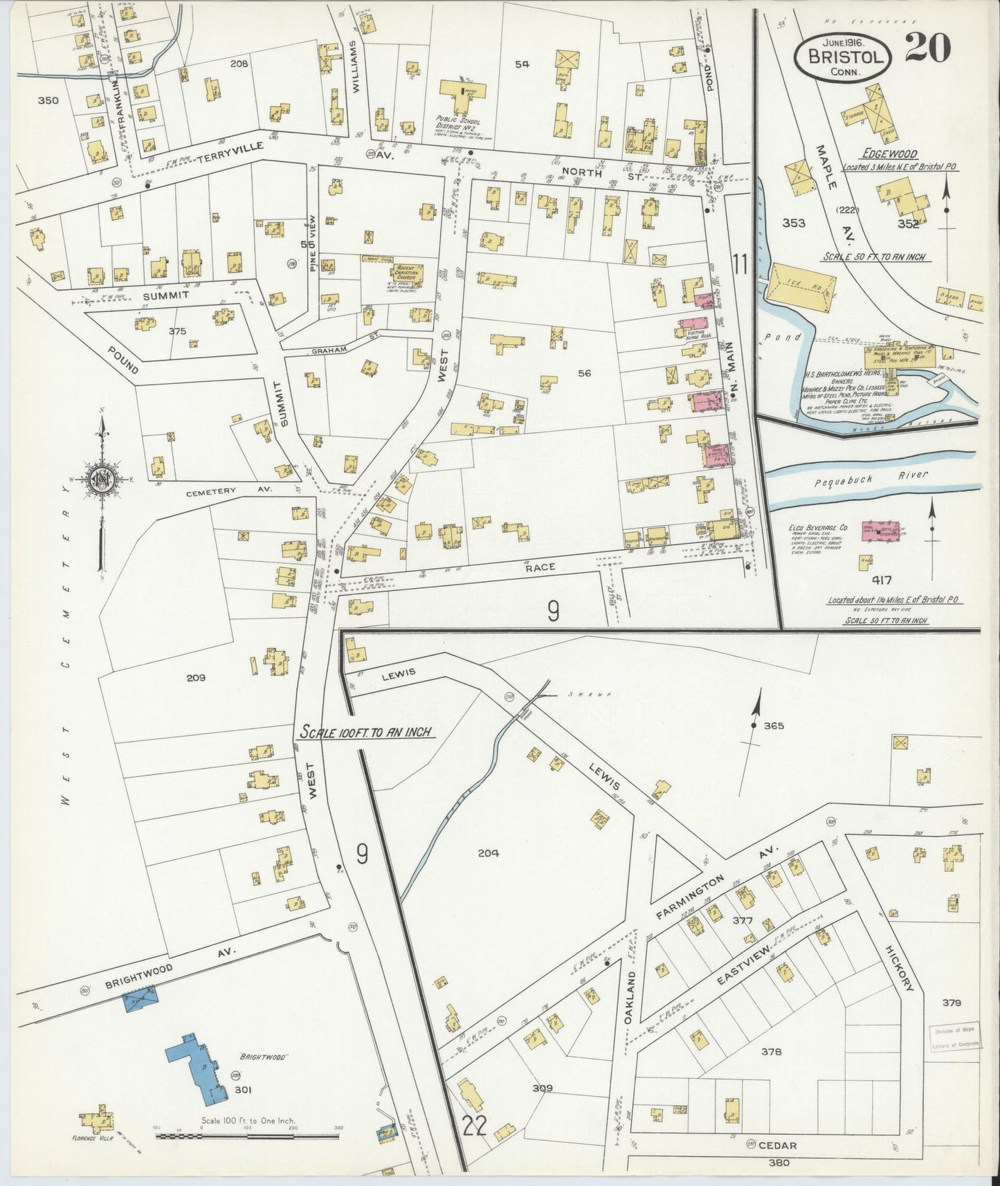 Sanborn Fire Insurance Map from Bristol, Hartford County, Connecticut (1916), Sheet #0020 - Historic Sanborn Fire Insurance Map Print, vintage old map wall art, antique decor, genealogy gift, Connecticut Connecticut map